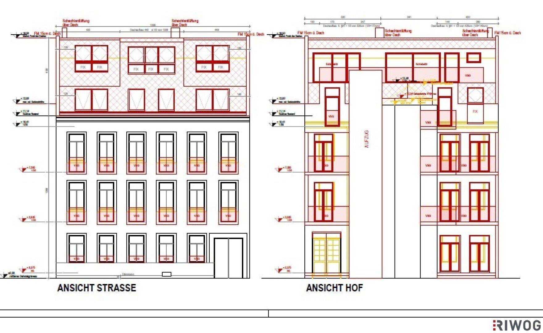 Architektonische Ansichten der Straßen- und Hoffassade des Gebäudes mit Fenster- und Balkonplatzierungen.