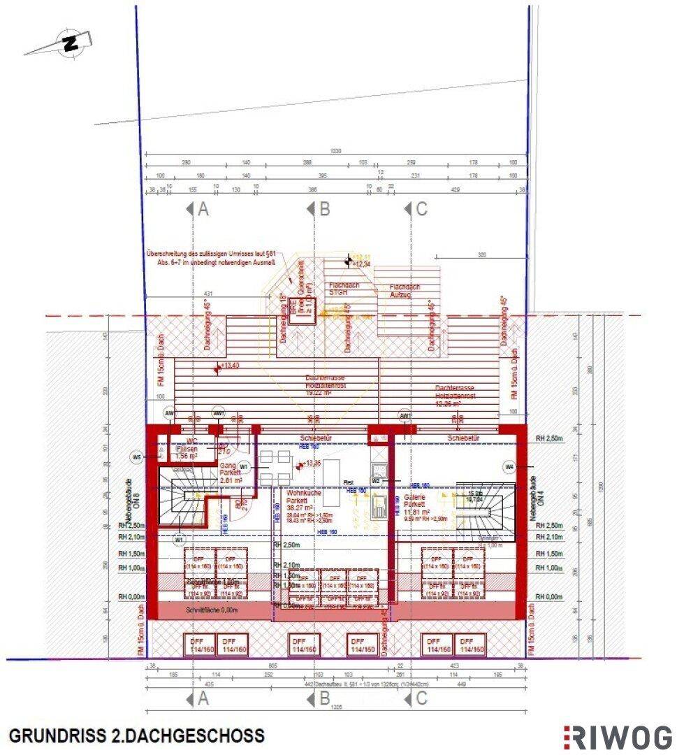 Grundriss des zweiten Dachgeschosses mit Wohneinheiten und Berücksichtigung der Dachschrägen.