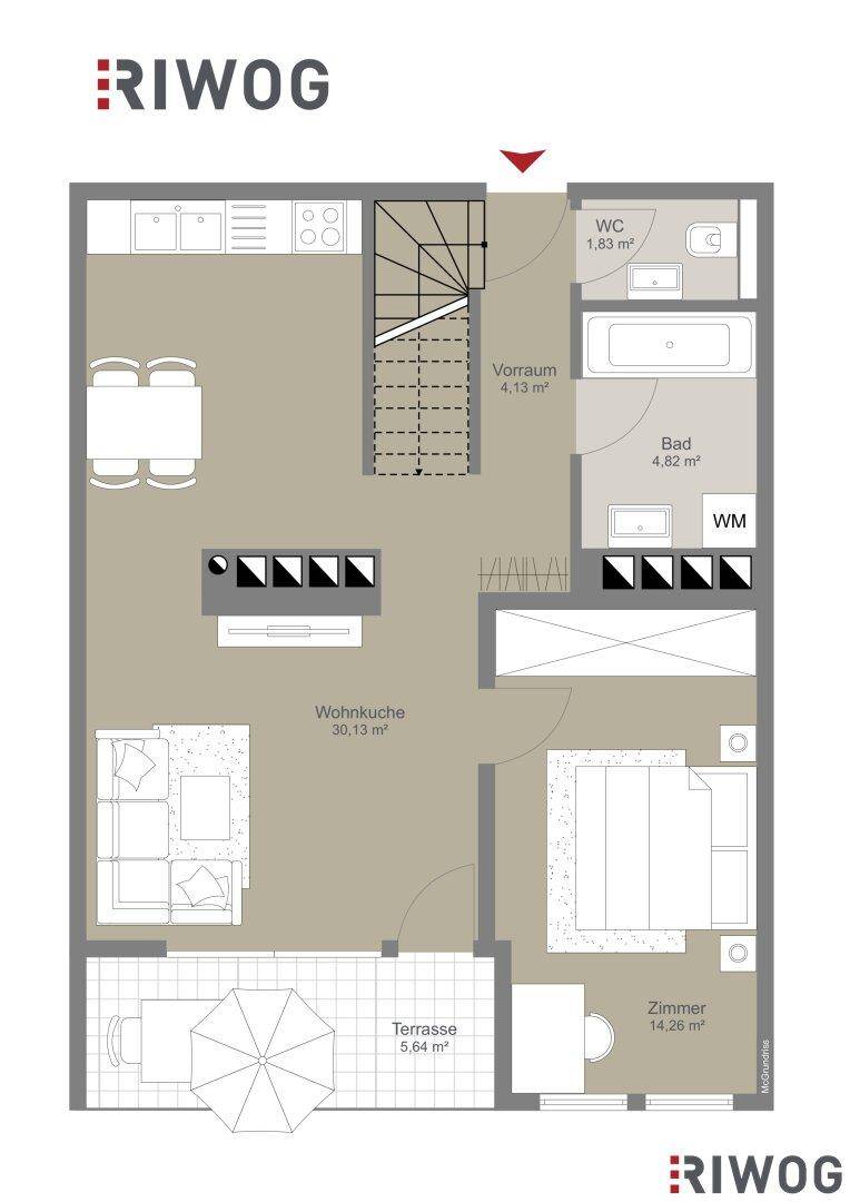 Grundriss der unteren Ebene mit offener Wohnküche, Schlafzimmer, Bad, WC und Terrasse.