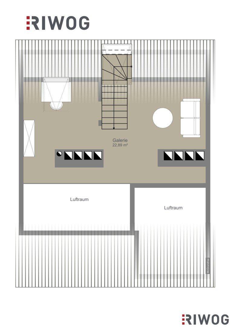 Grundriss der oberen Ebene mit Galerie und offenem Luftraum, der eine großzügige Raumhöhe andeutet.