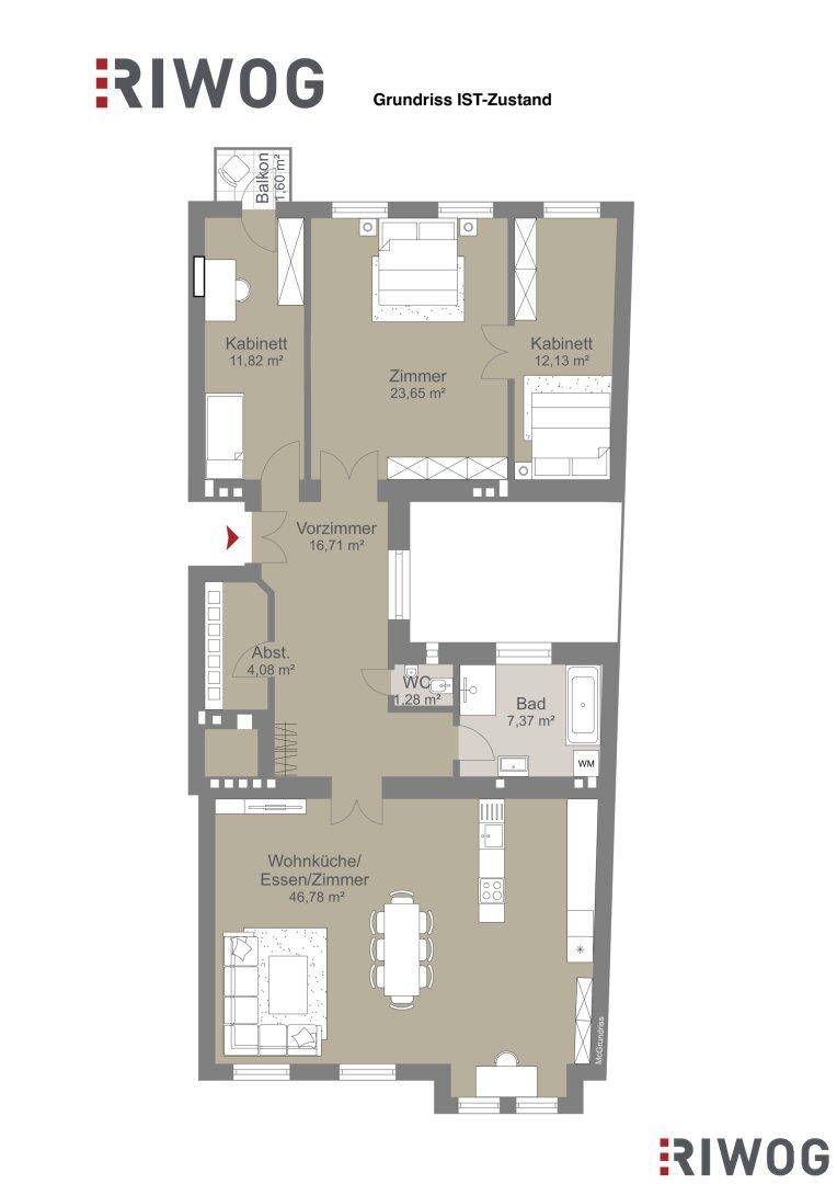 Grundriss des Ist-Zustands mit Wohnküche, Zimmern, Bad und Balkon, inklusive Flächenangaben.