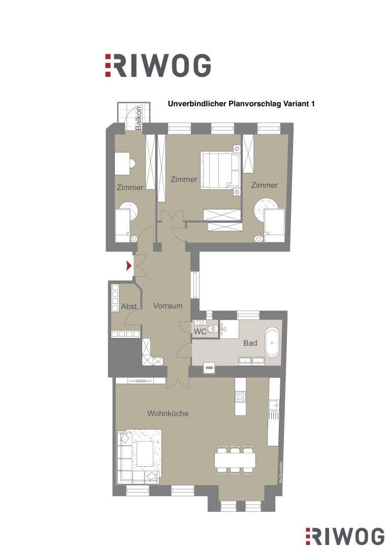 Unverbindlicher Planvorschlag Variante 1 mit Wohnküche, Zimmern, Bad und Balkon.