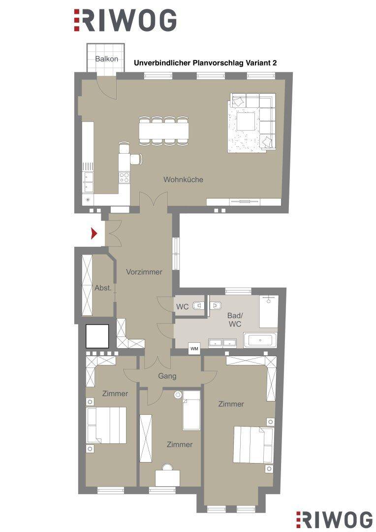 Unverbindlicher Planvorschlag Variante 2 mit Wohnküche, Zimmern, Bad und Balkon.