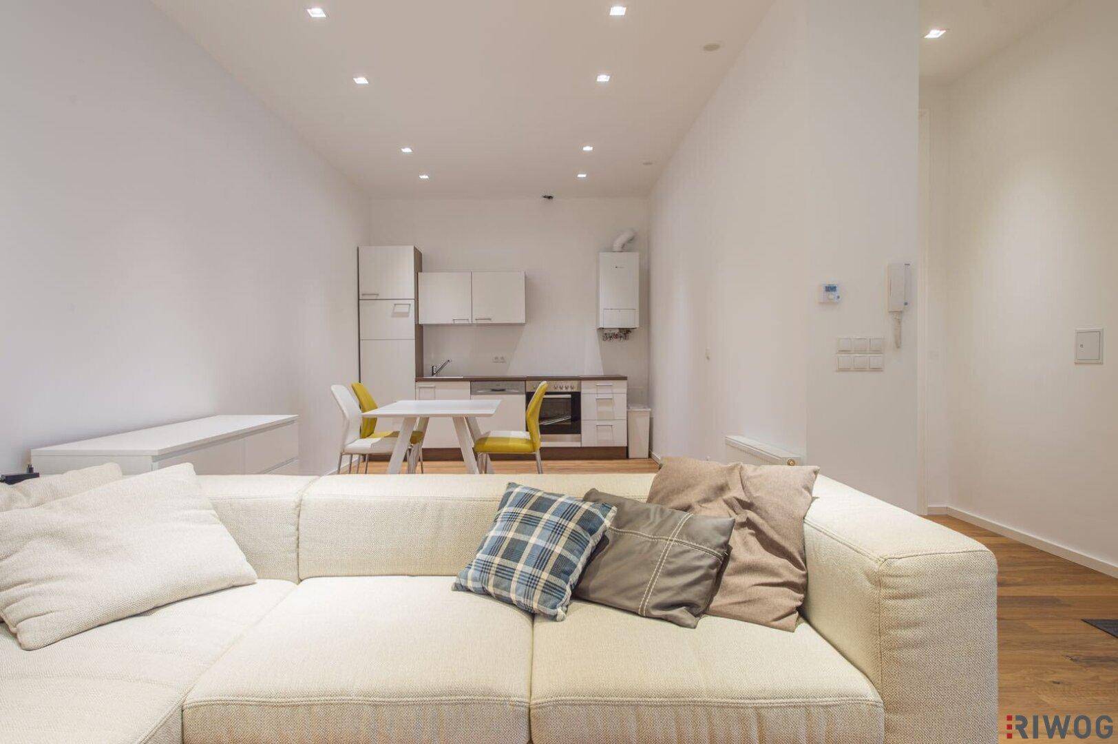 Gemütlicher Wohnbereich mit Sofa und Blick auf die integrierte, moderne Küchenzeile und den Essbereich.