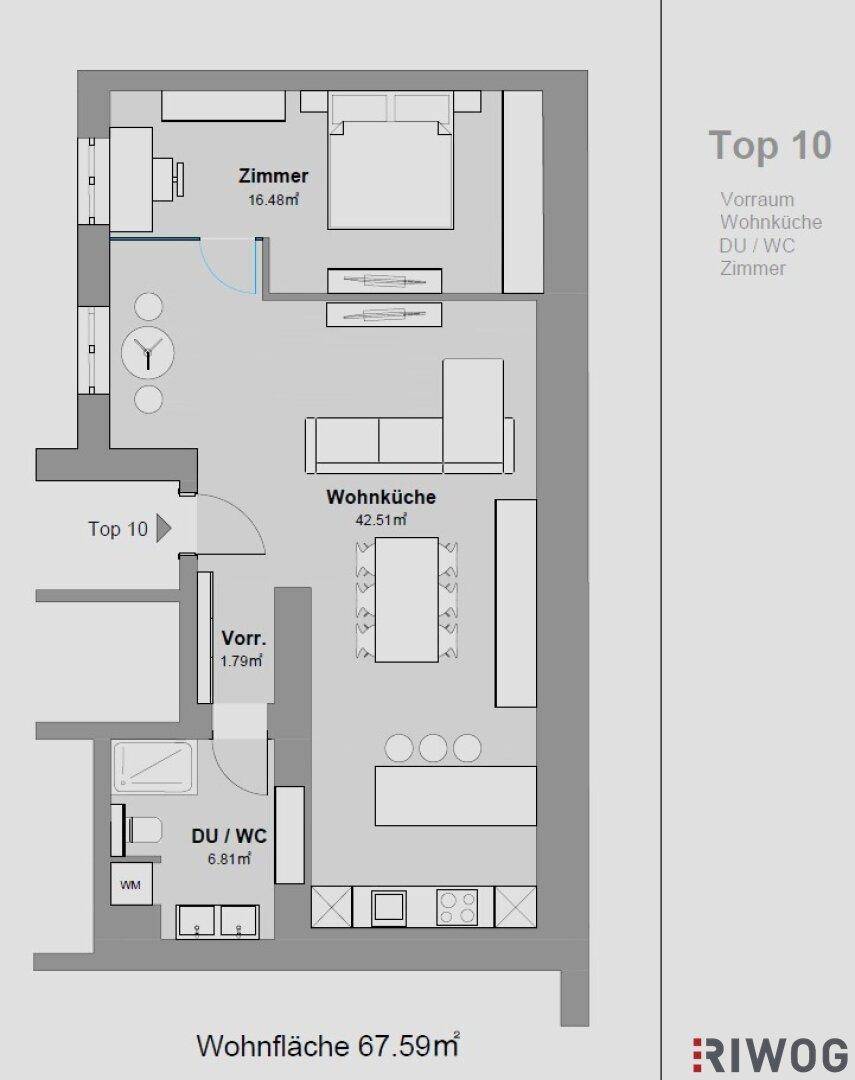Grundriss der Wohnung "Top 10" mit 67.59m² Wohnfläche, inklusive Wohnküche und Schlafzimmer.