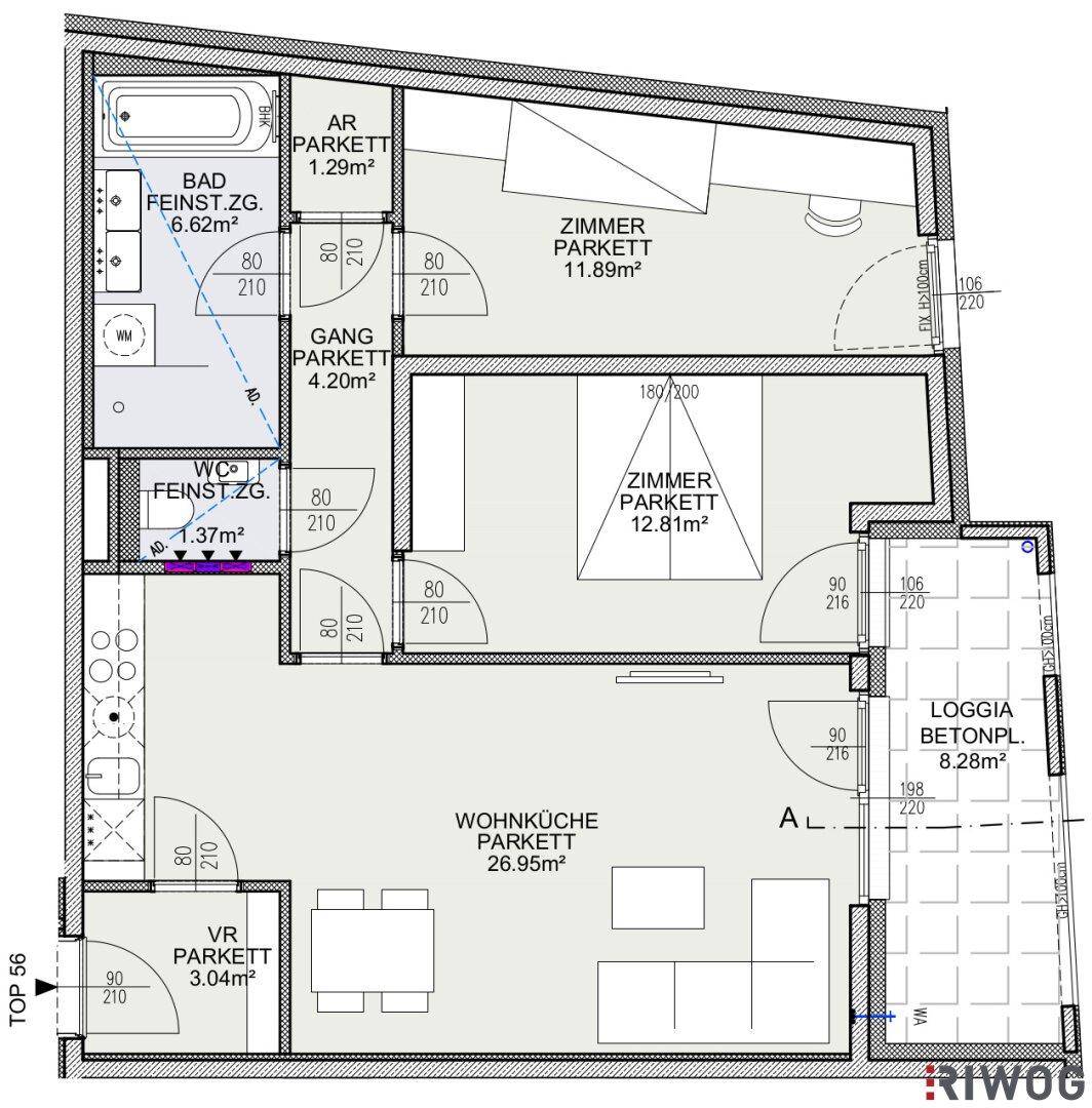 Grundriss einer Wohnung mit offener Wohnküche, zwei Zimmern, Bad, WC und Loggia.