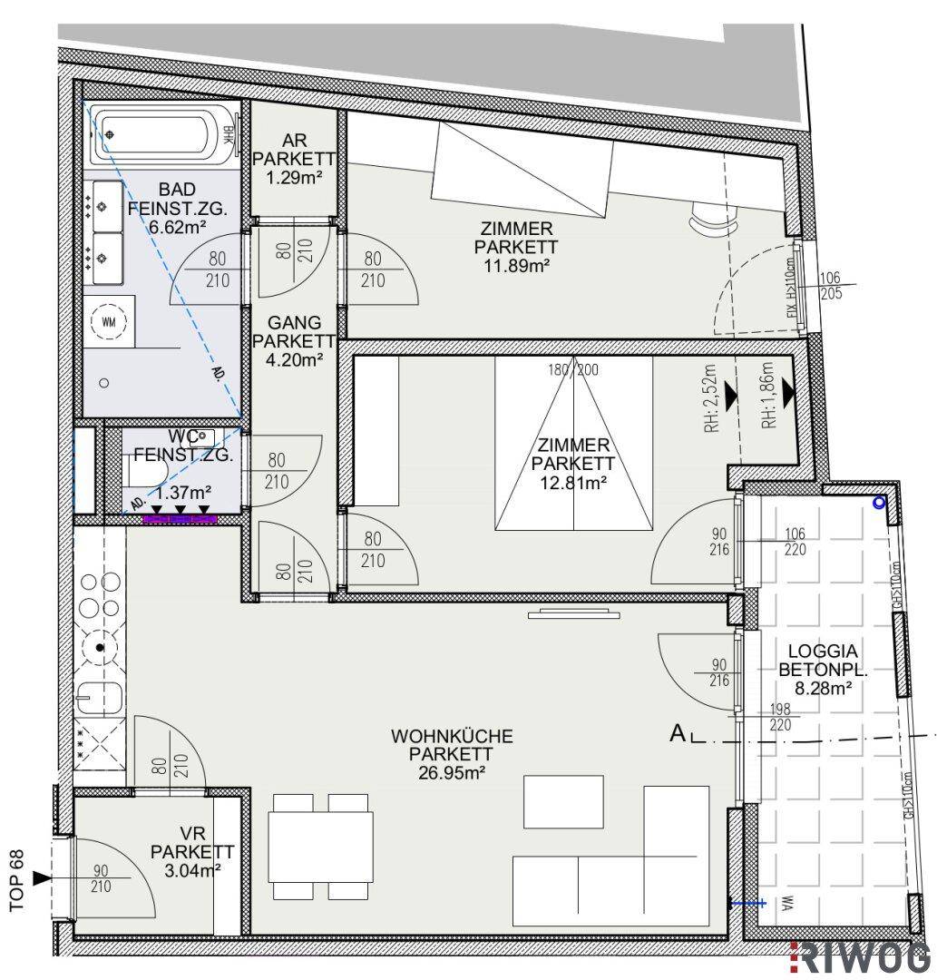 Grundriss einer Wohnung mit offener Wohnküche, zwei Schlafzimmern und Loggia.