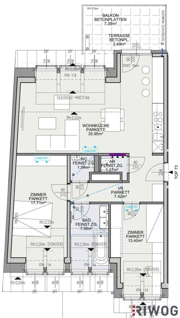 Grundriss einer Wohnung mit offenem Wohnbereich, Balkon und Terrasse.
