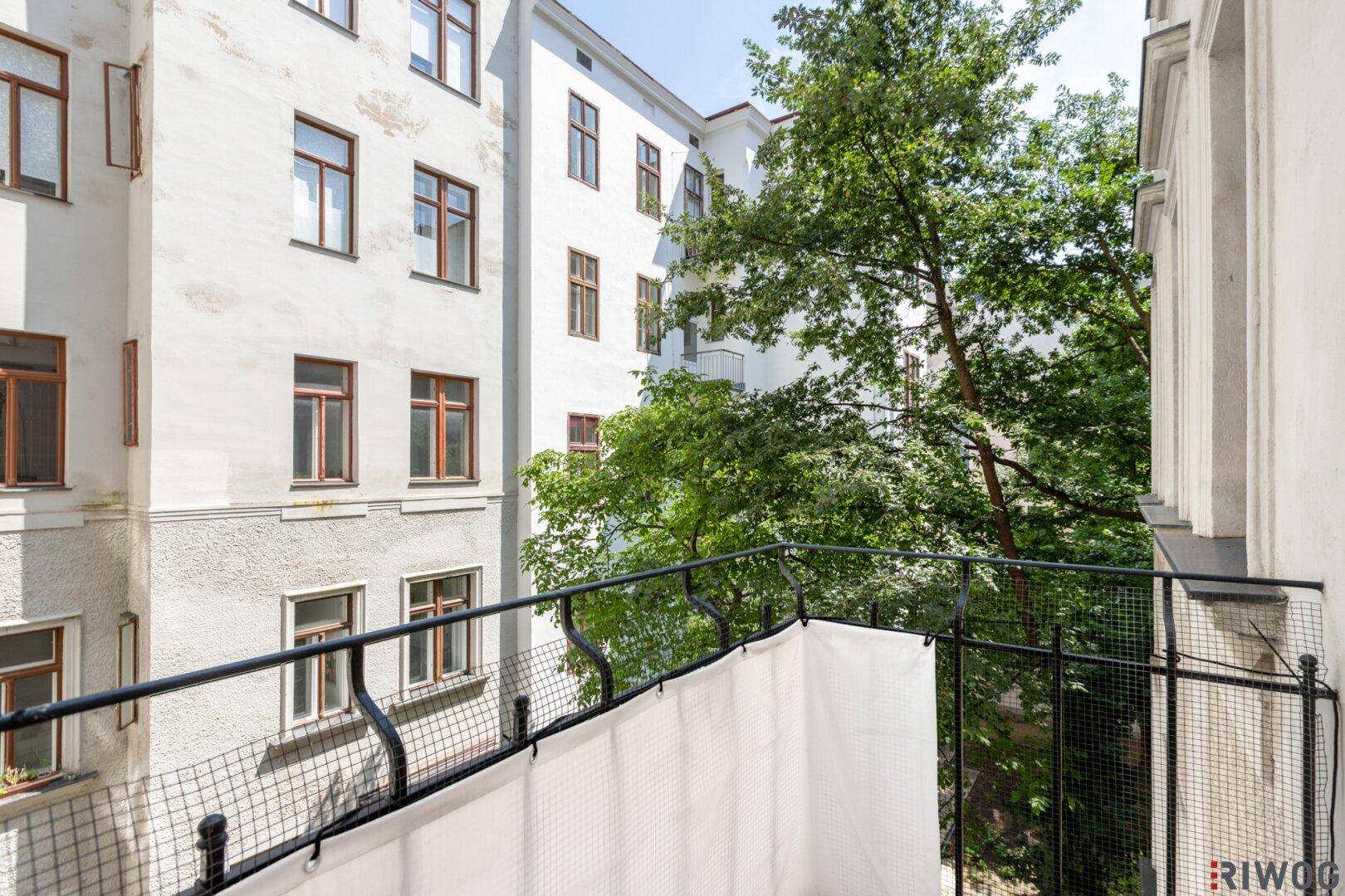 Kleiner Balkon mit Blick auf den begrünten Innenhof und die umliegenden Altbauten.