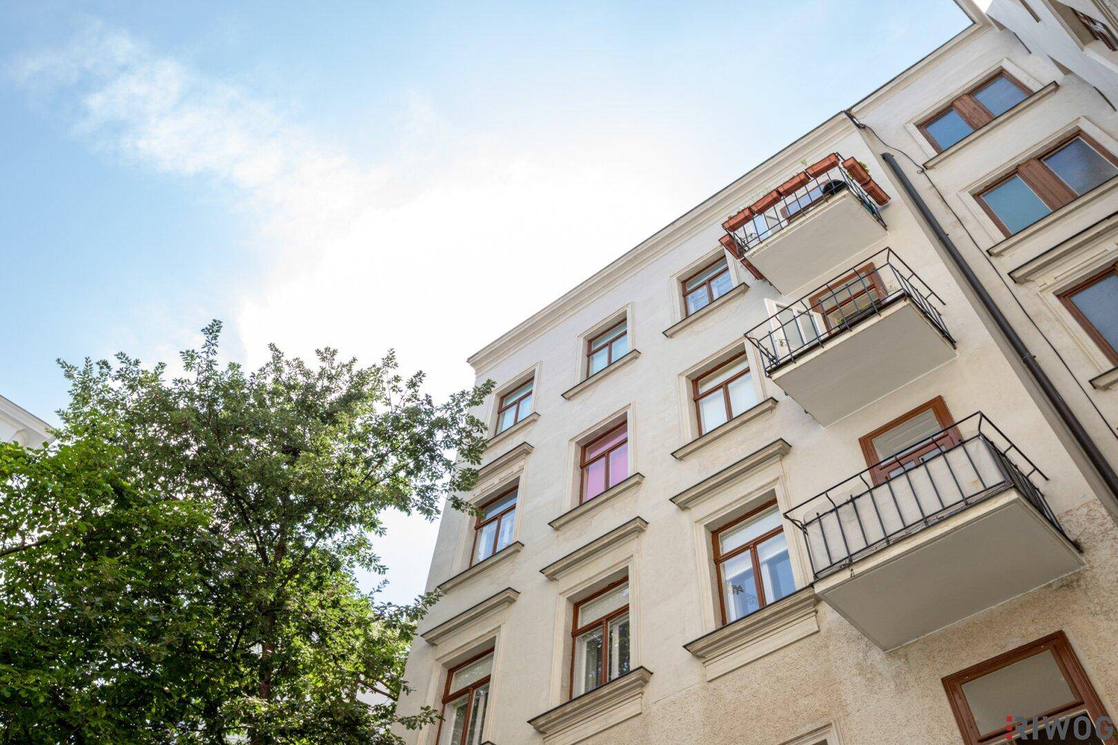 Fassade eines Altbaus mit Balkonen und Fenstern, umgeben von einem großen Baum.