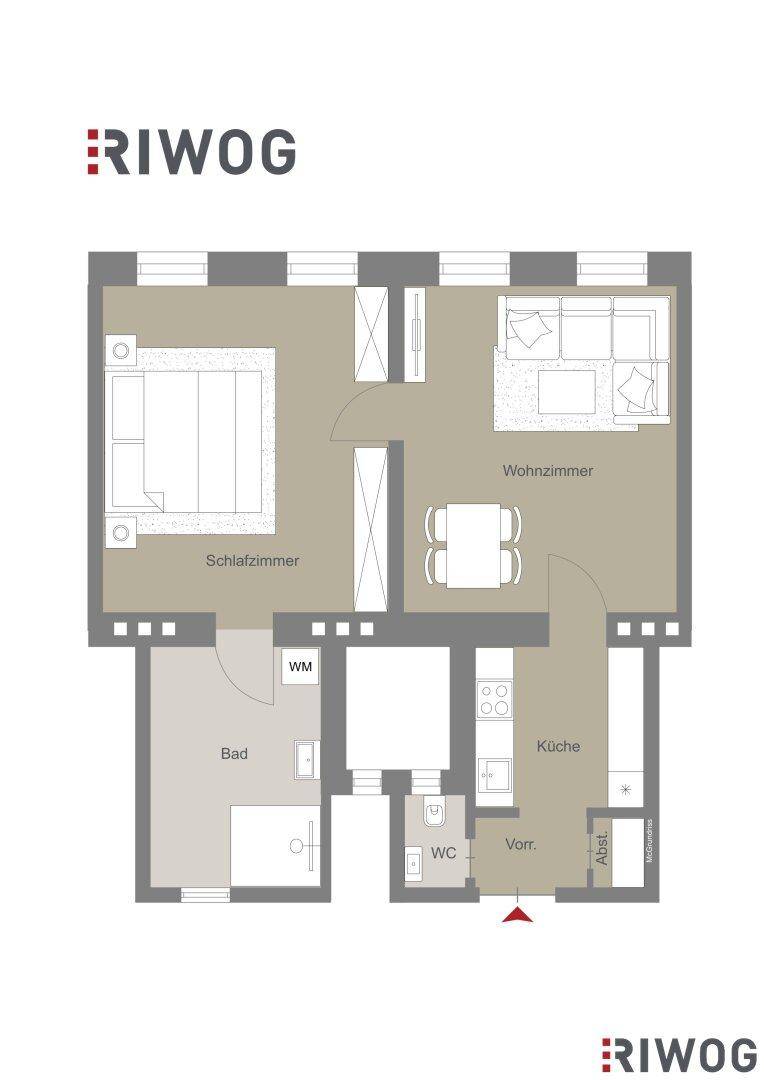 Grundriss der Wohnung mit Wohnzimmer, Schlafzimmer, Küche und separatem WC.
