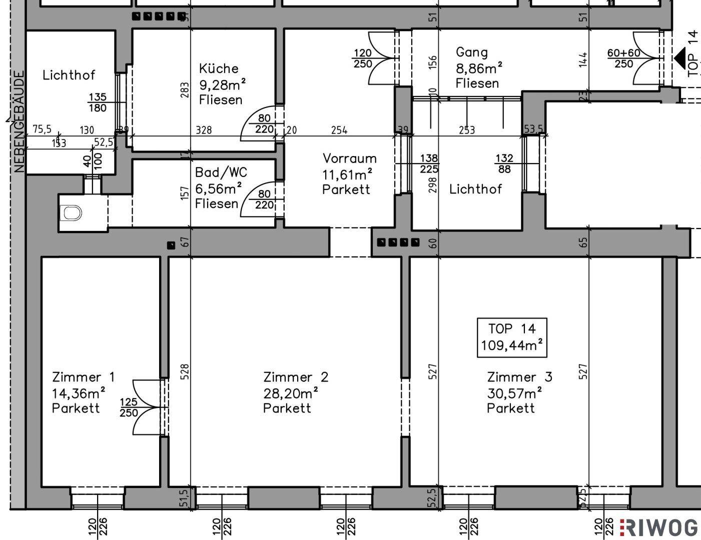 Grundriss der Wohnung mit drei Zimmern, Küche und Bad/WC.
