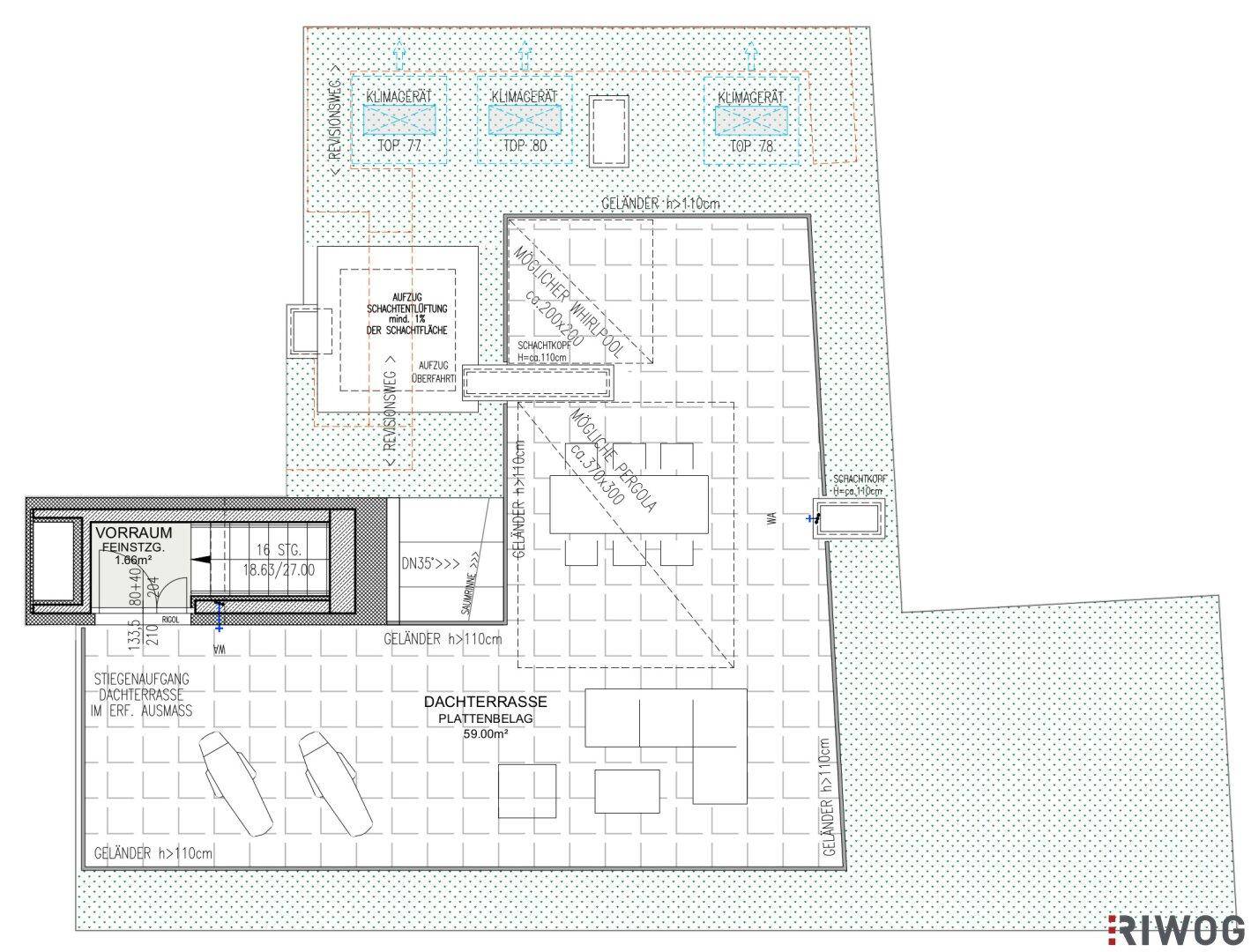 Grundriss einer großzügigen Dachterrasse mit Platz für Whirlpool und Pergola.