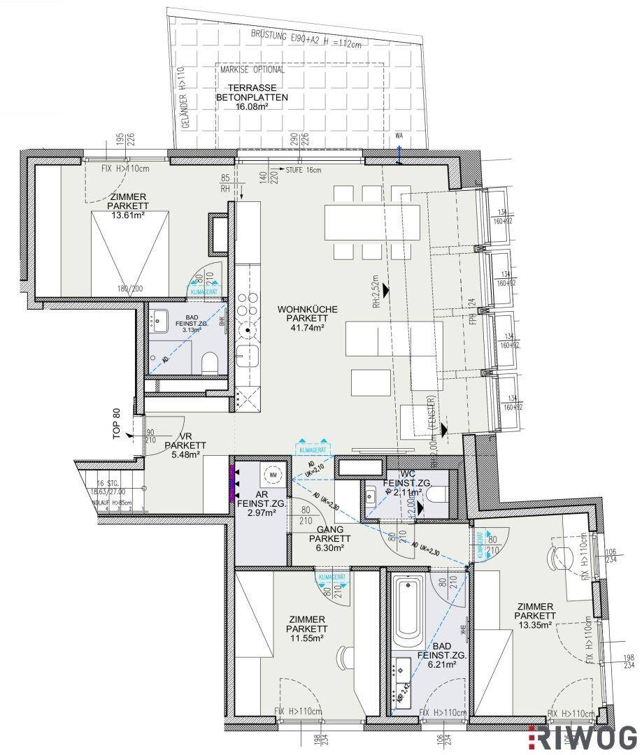 Grundriss einer Wohnung mit offener Wohnküche, zwei Zimmern, Bad und großer Terrasse.