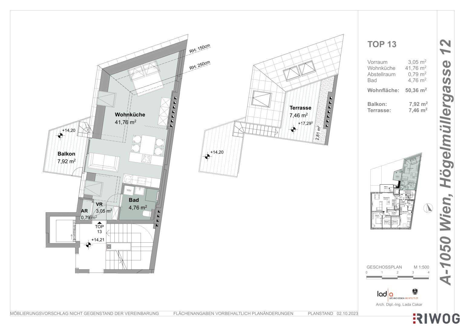 Grundriss der Dachgeschosswohnung Top 13 mit Balkon und Terrasse.
