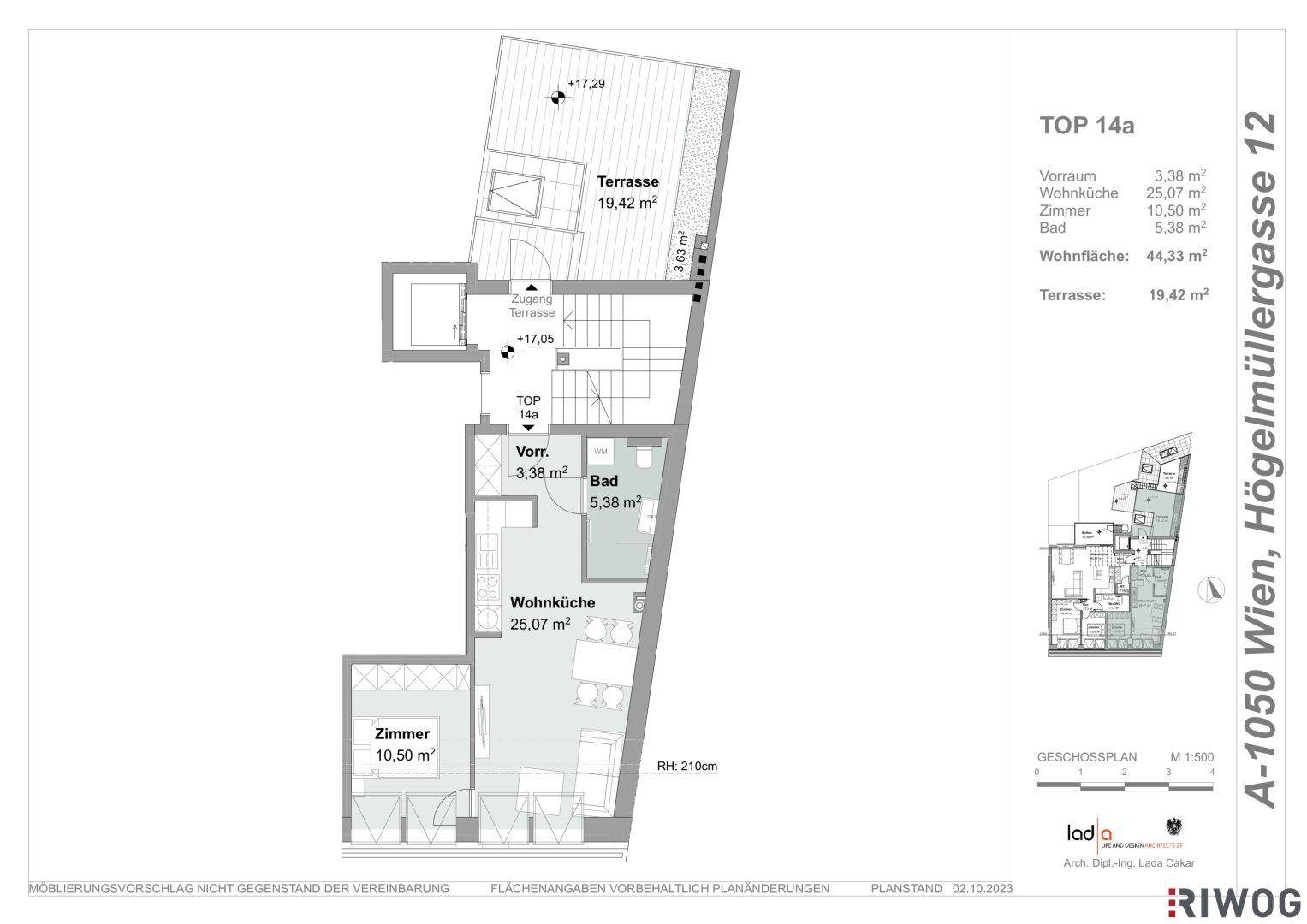 Detaillierter Grundriss der Wohnung TOP 14a mit Wohnküche, Zimmer, Bad und großer Terrasse.
