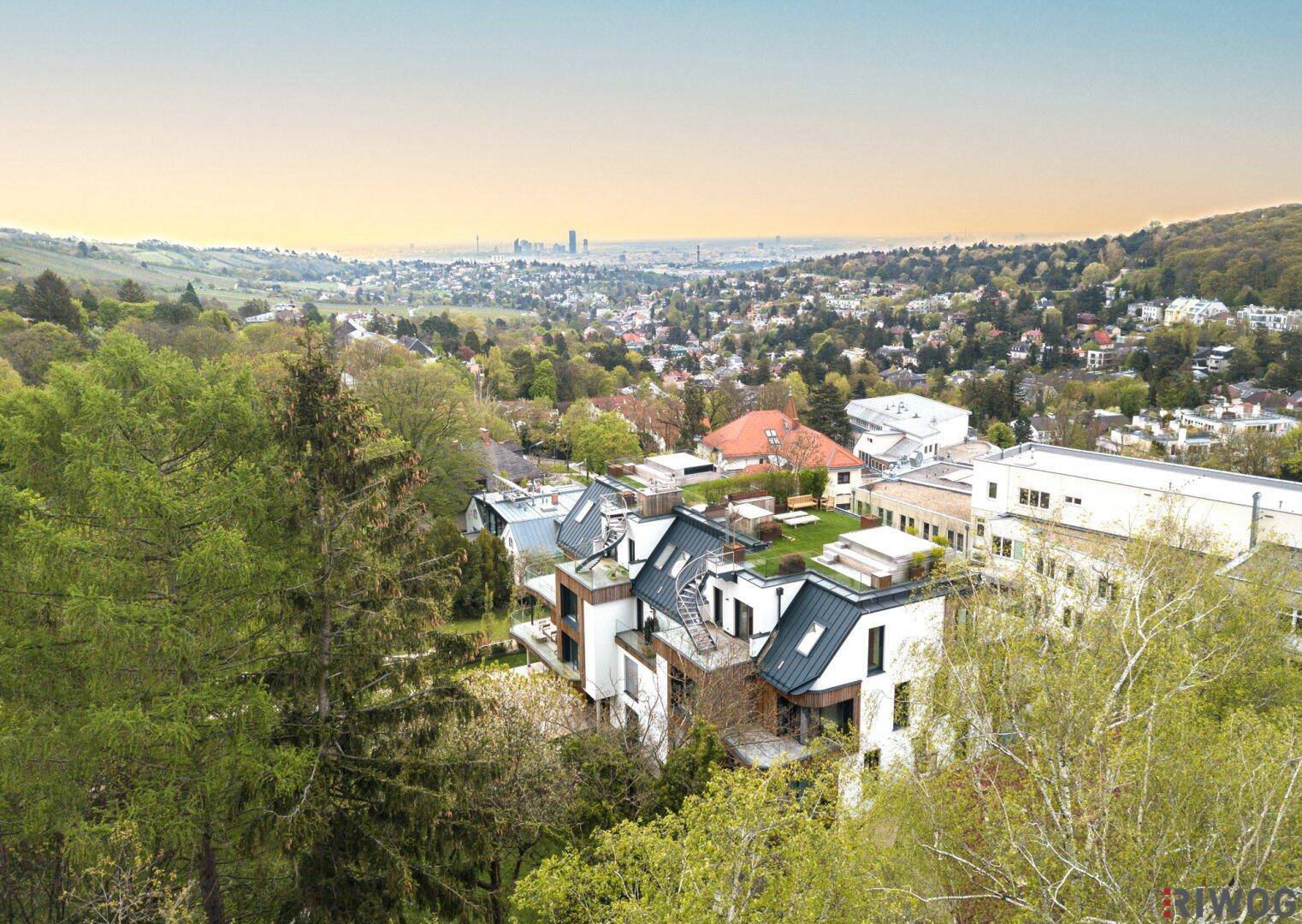 Panoramablick aus der Luft auf einen modernen Wohnkomplex mit grünen Dächern und weitem Stadtblick.
