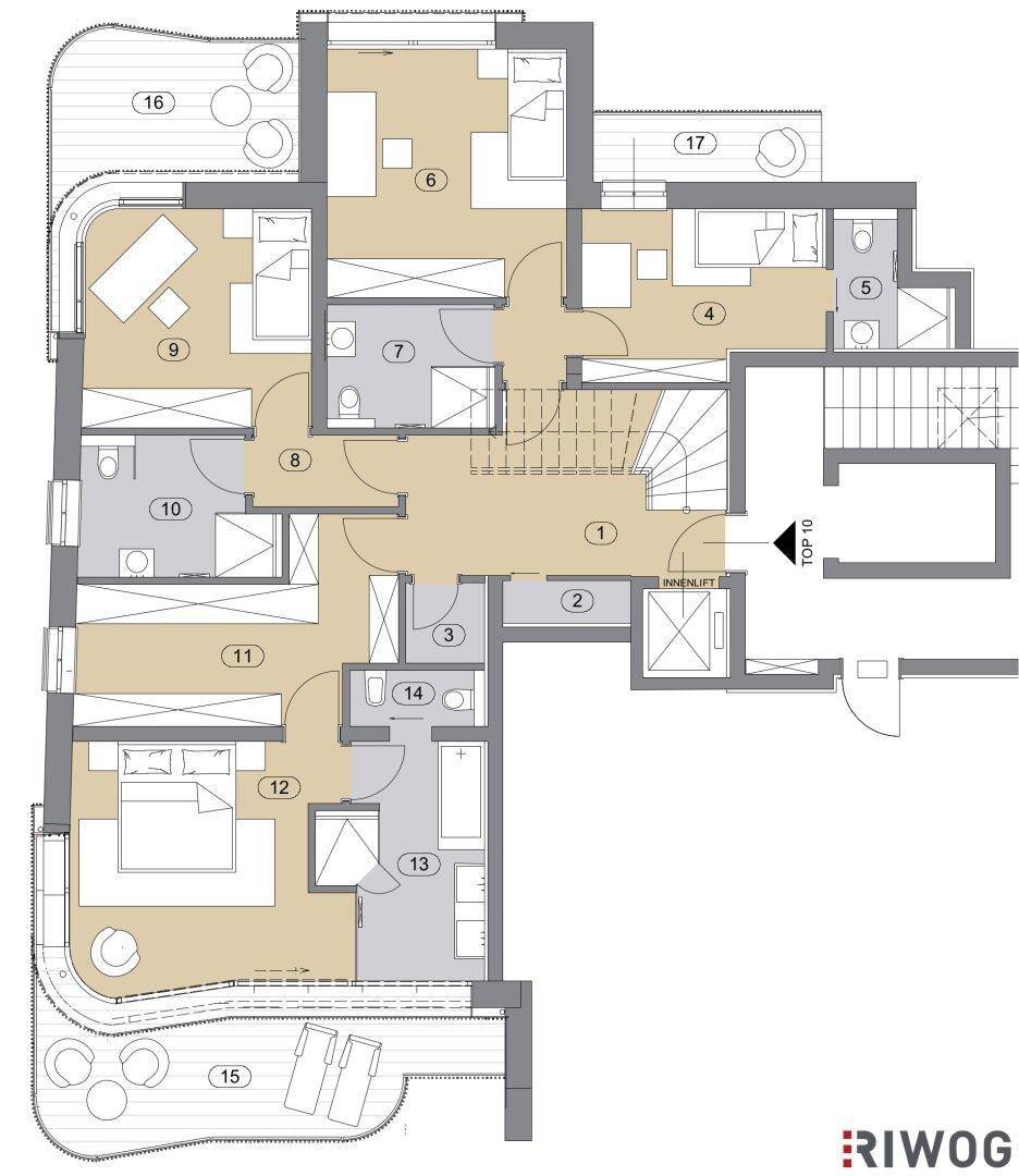 Grundriss einer oberen Etage mit offenem Wohn-Essbereich, Küche und großer Terrasse.