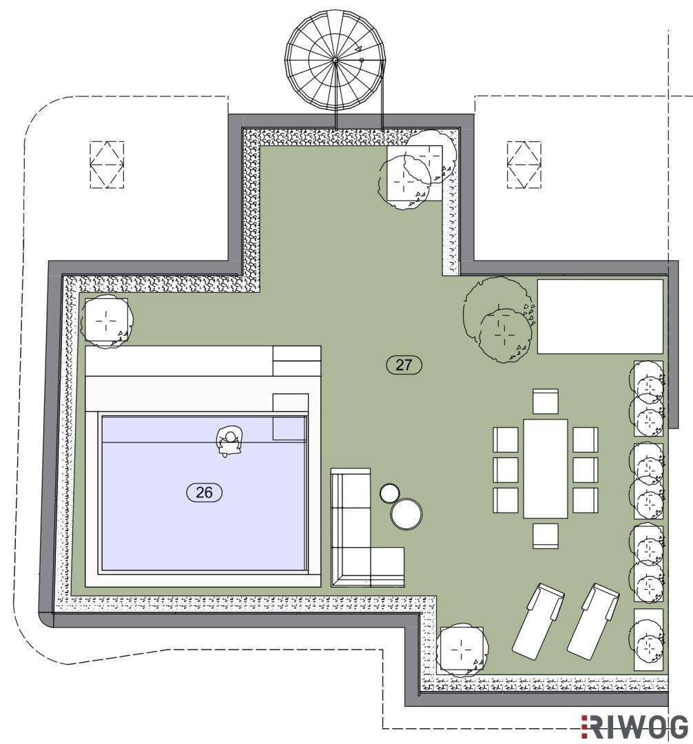 Detaillierter Grundriss eines Gartens mit Swimmingpool, Essbereich und Liegeflächen.