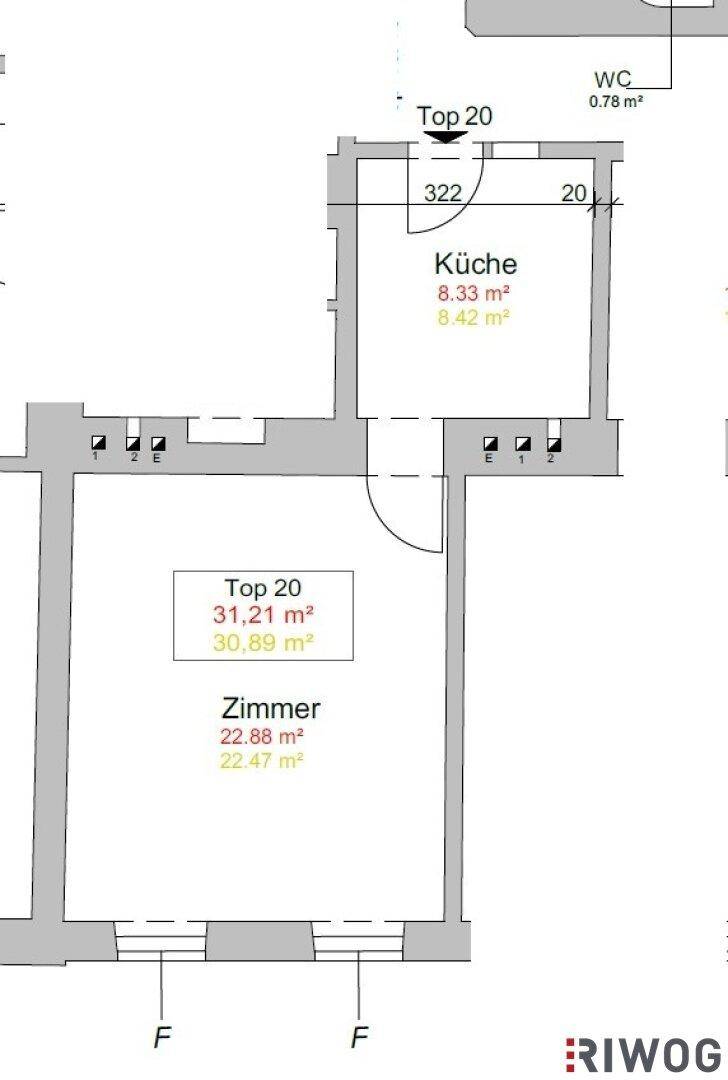 Grundriss zeigt Küche, Zimmer und separates WC mit Flächenangaben.