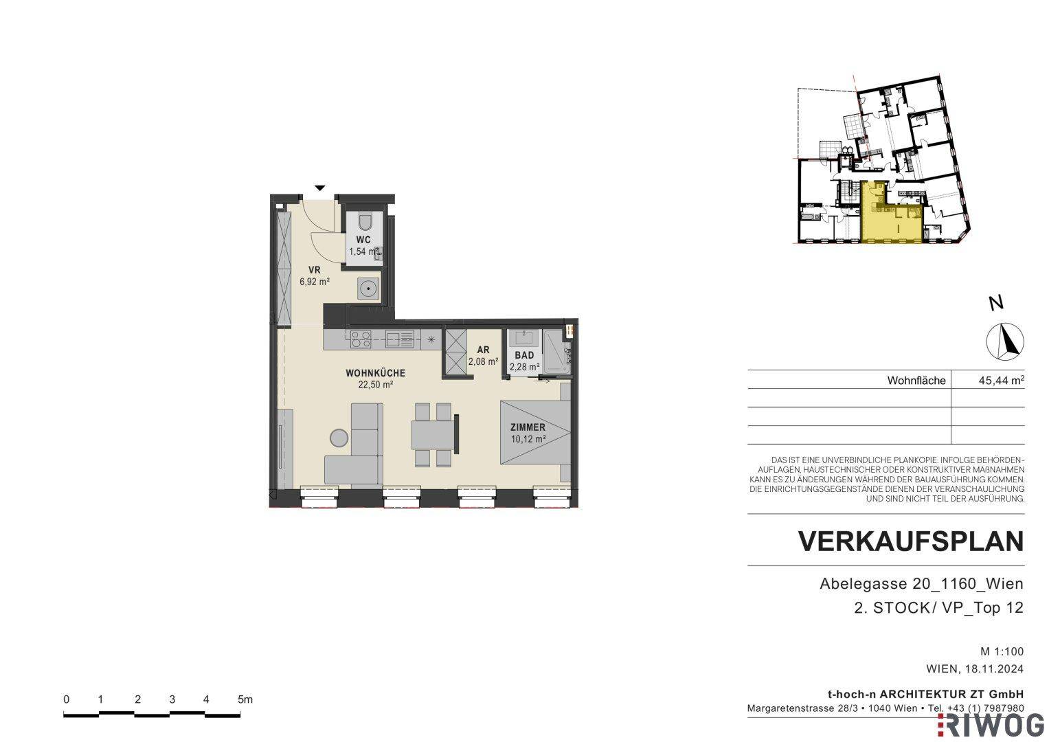 Detaillierter Grundriss einer Wohnung mit offener Wohnküche, Schlafzimmer, Bad und separatem WC.