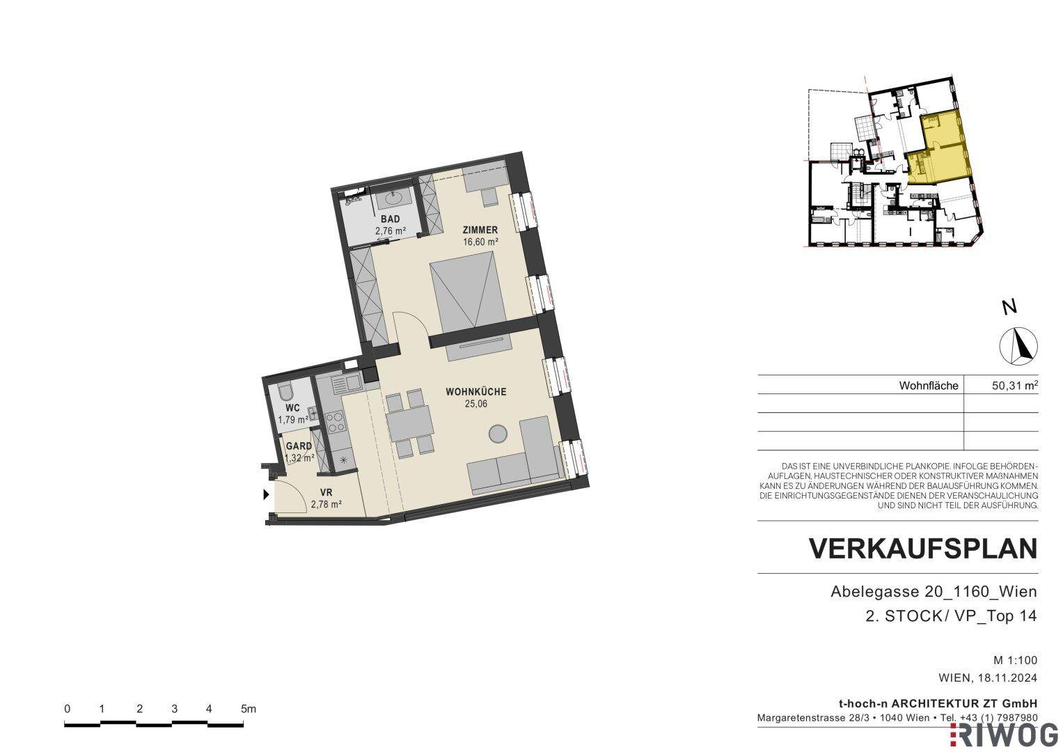 Grundriss einer 50,31 m² Wohnung mit Wohnküche, Schlafzimmer und Bad.
