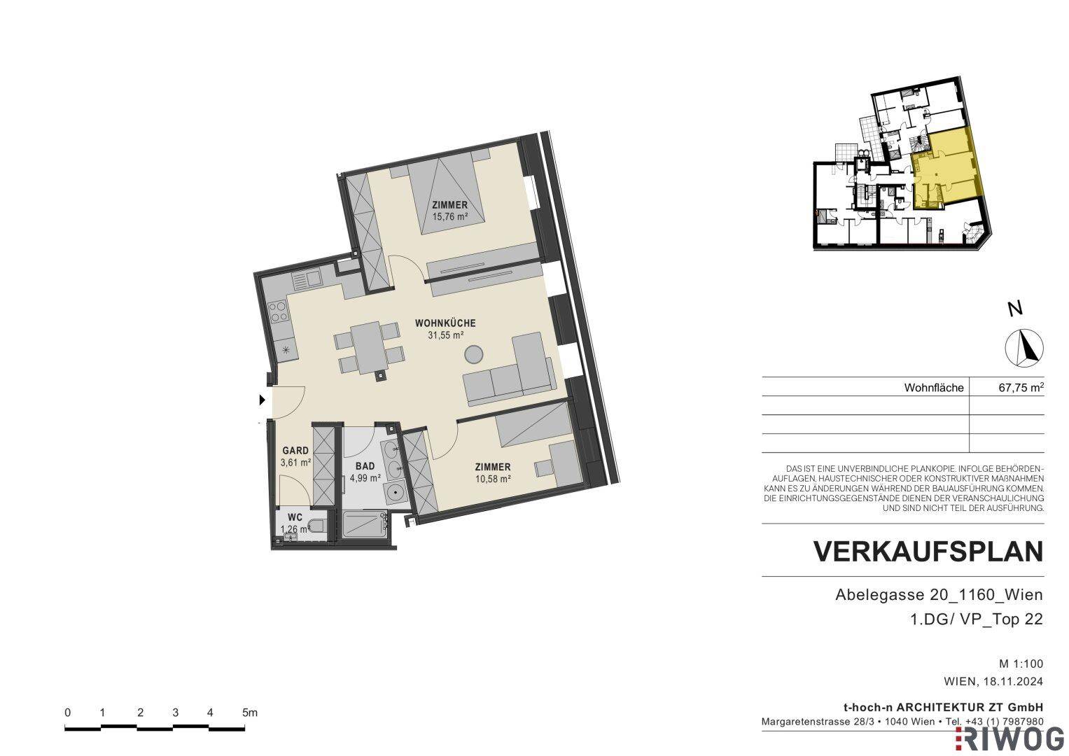 Detaillierter Grundriss einer Wohnung mit offener Wohnküche, zwei Schlafzimmern und Balkon.