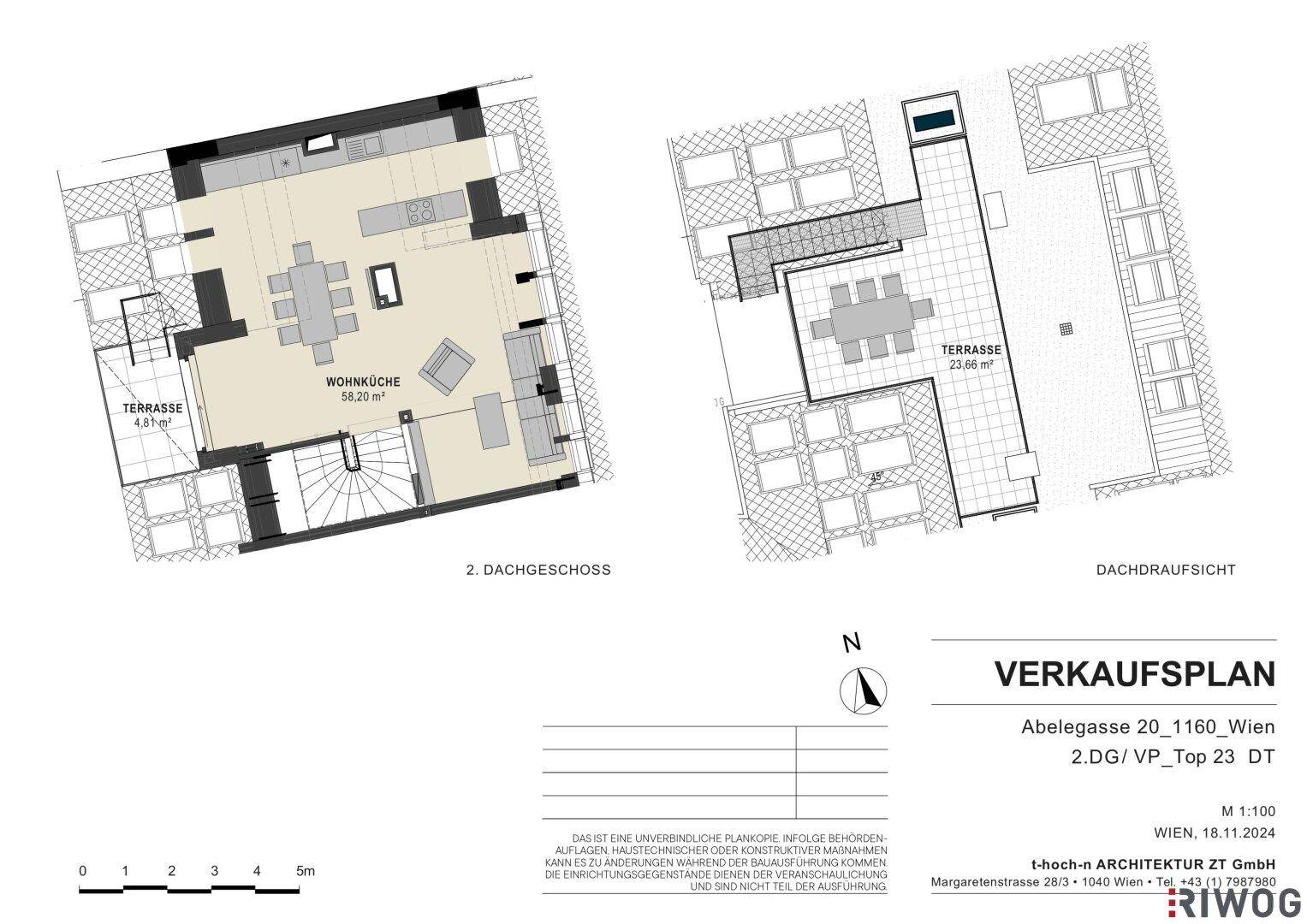 Grundriss des Dachgeschosses mit offener Wohnküche und einer großzügigen Terrasse.