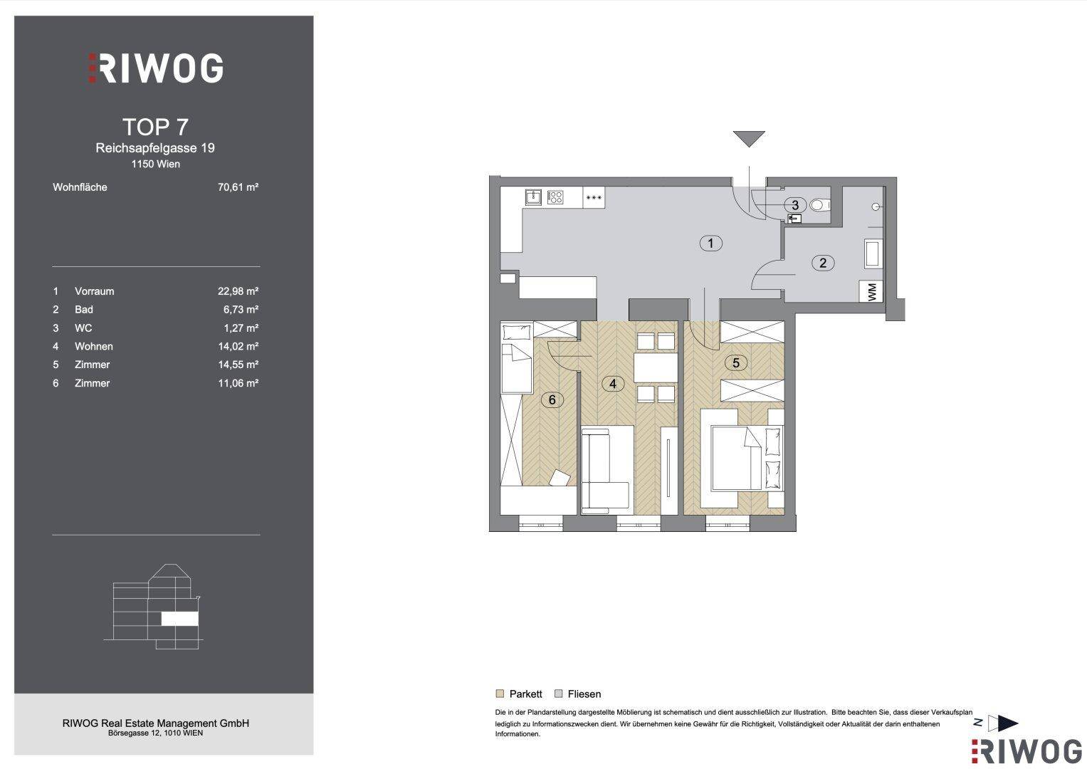 Grundriss der Wohnung Top 7 mit 70,81 m² Wohnfläche, zeigt die Raumaufteilung.