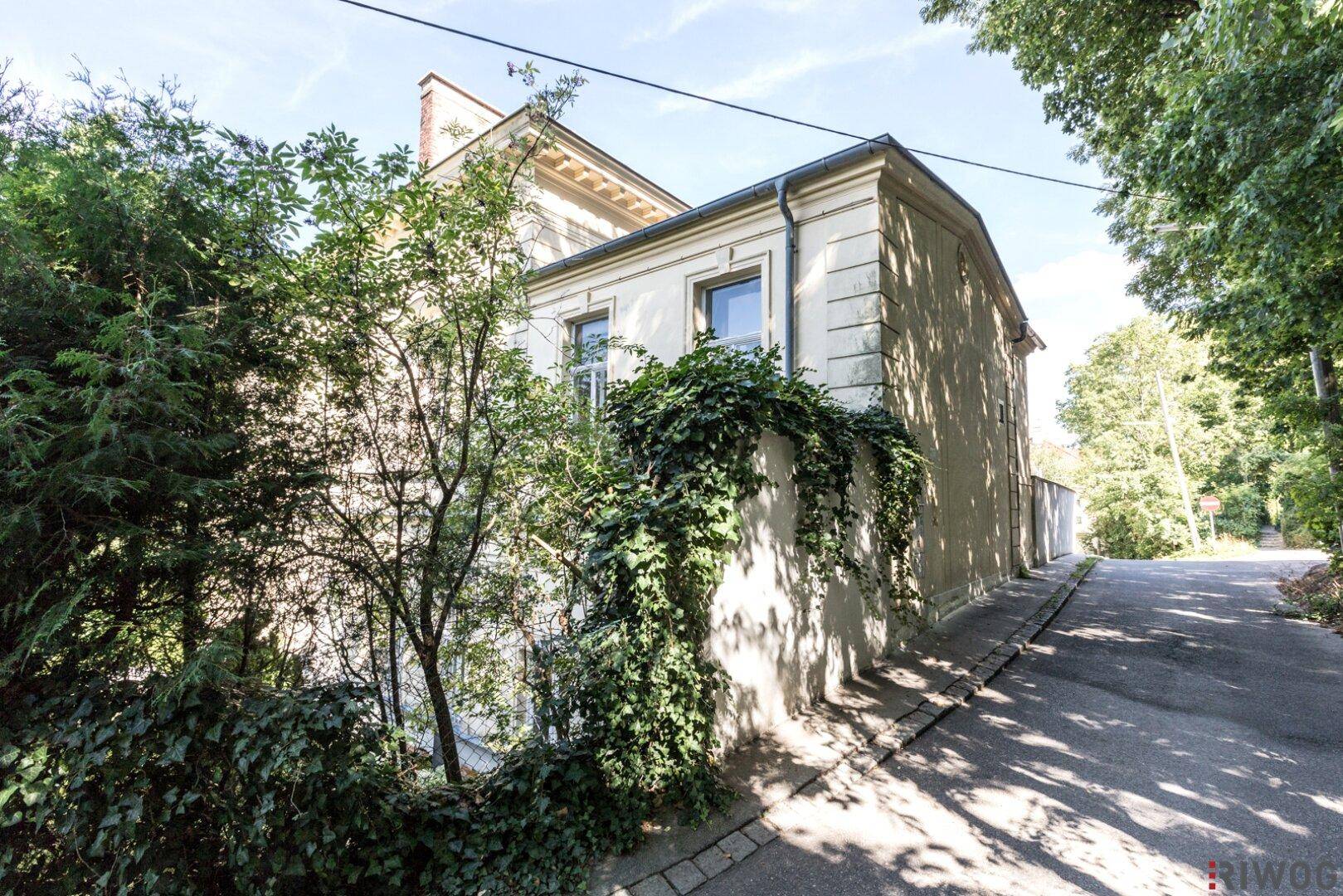 Seitenansicht des Gebäudes mit bewachsenen Mauern und angrenzender Straße.