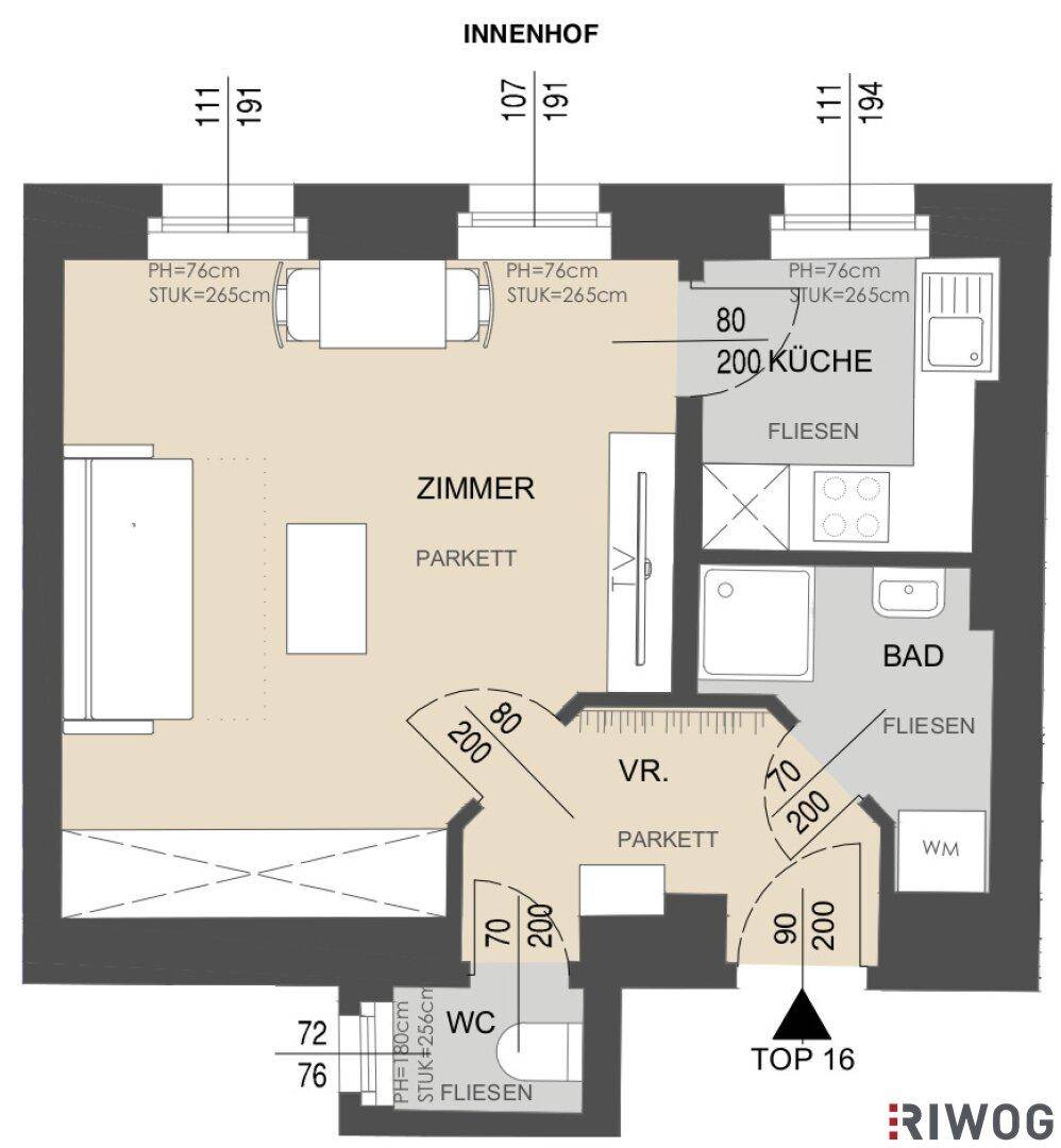 Grundriss einer Wohnung mit einem Zimmer, Küche, Bad und separatem WC.