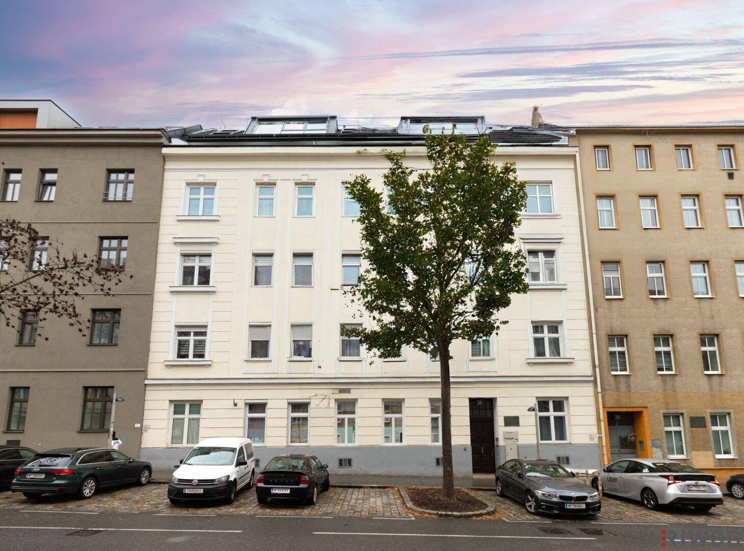 Klassisches Mehrfamilienhaus mit geparkten Autos und einem Baum vor der Fassade.