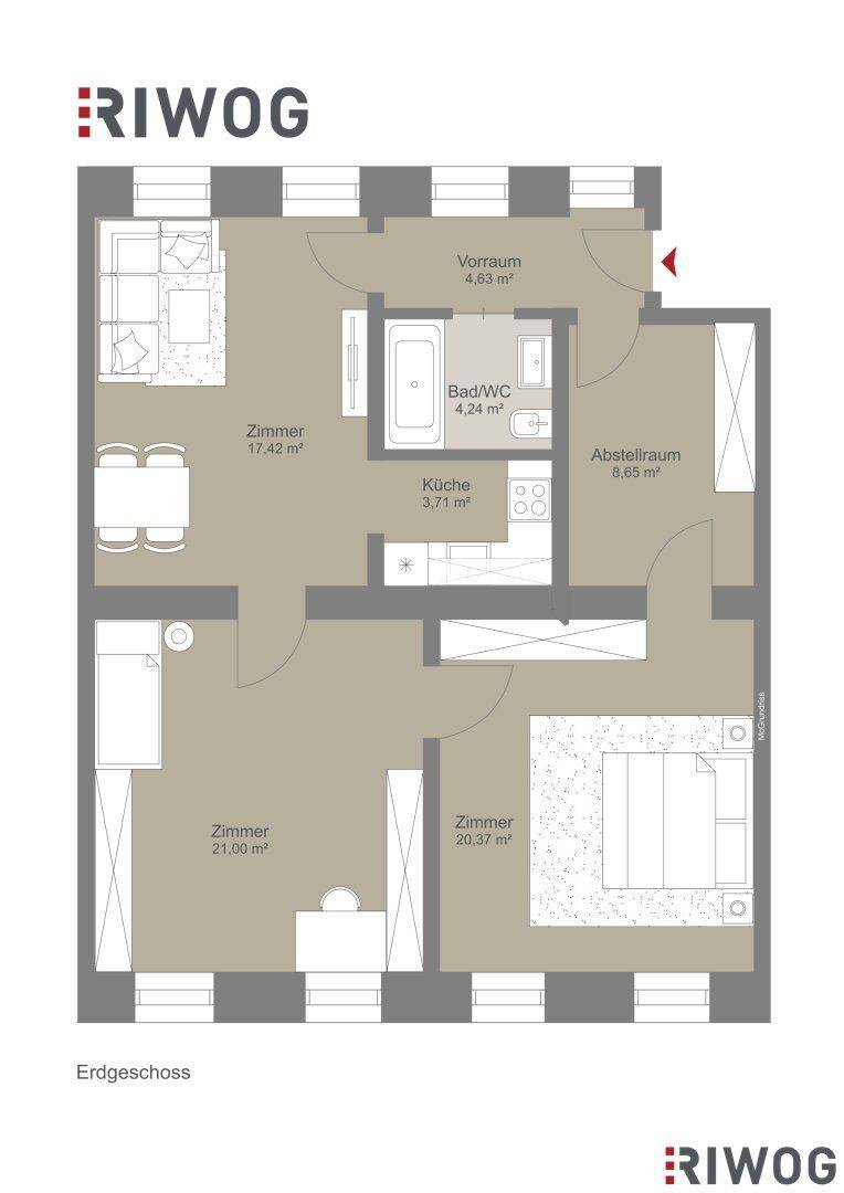 Grundriss des Erdgeschosses zeigt eine Wohnung mit drei Zimmern, separater Küche und Bad mit Badewanne.