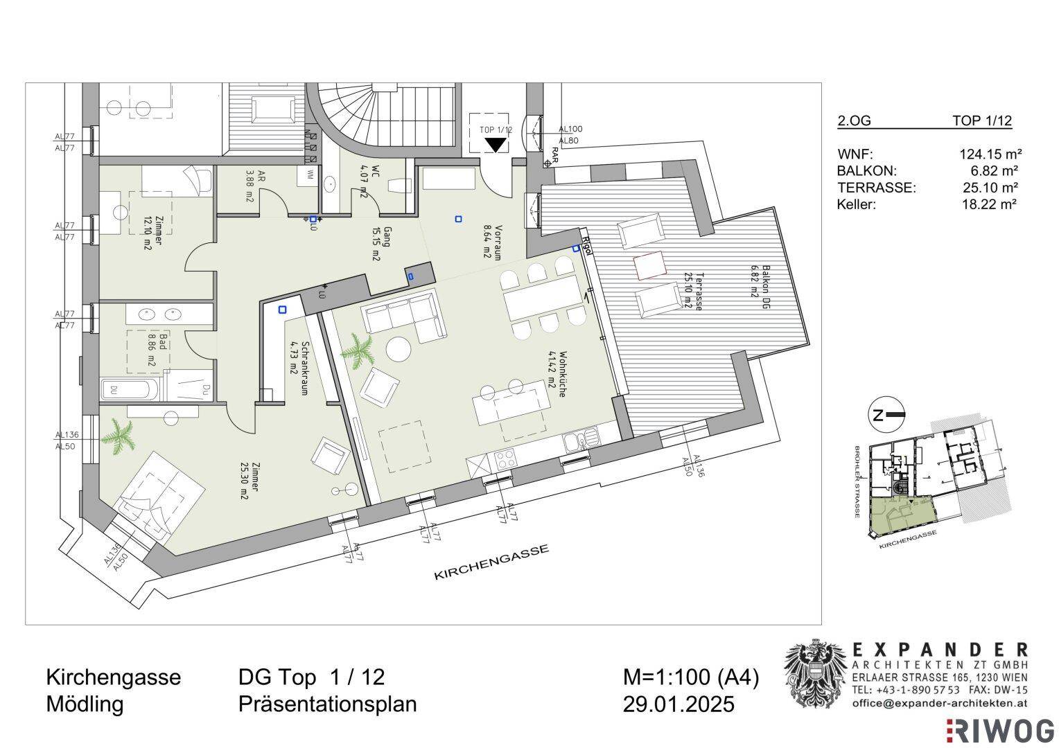 Grundriss einer Wohnung im Dachgeschoss mit offenem Wohnbereich, Balkon und großer Terrasse.