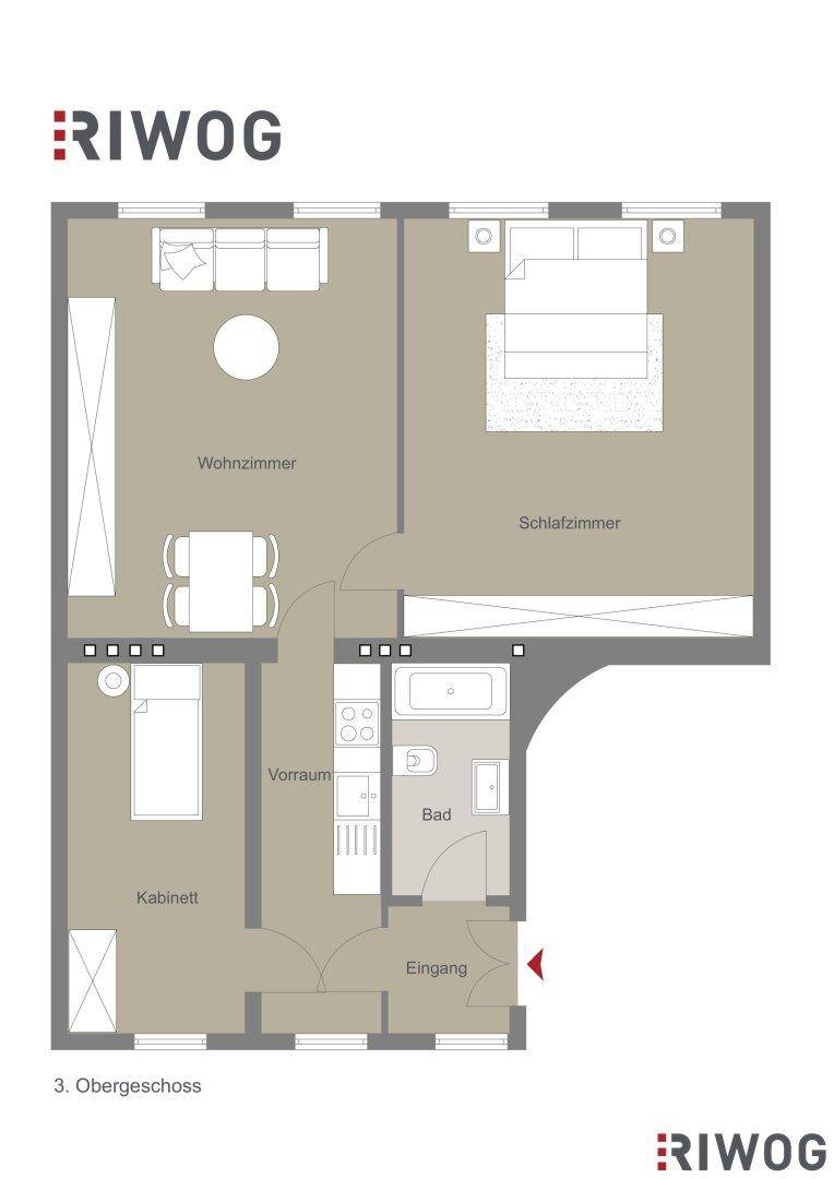 Grundriss der Wohnung mit Wohnzimmer, Schlafzimmer und Kabinett.