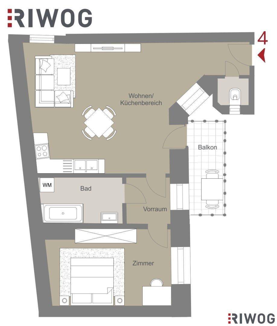 Grundriss einer Wohnung mit offenem Wohn-/Küchenbereich, Schlafzimmer und Balkon.