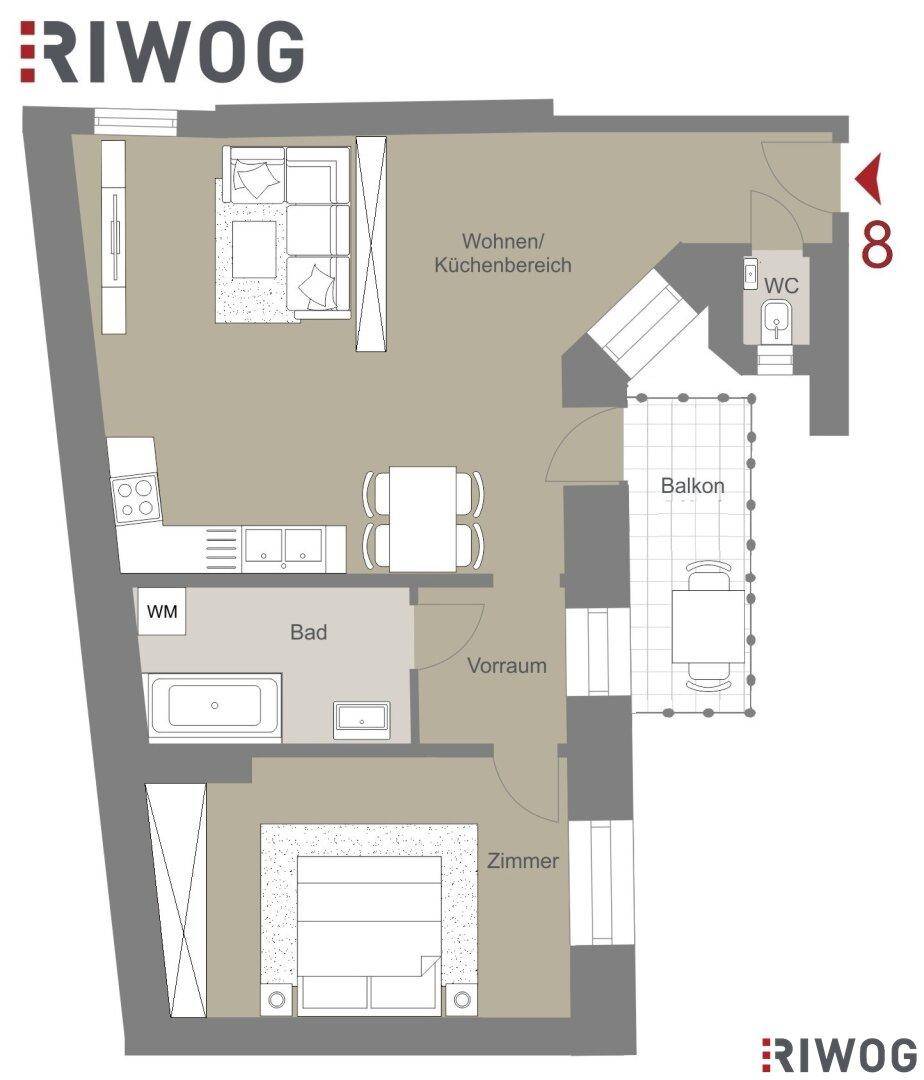 Grundriss einer Wohnung mit Wohn-/Küchenbereich, Bad, Zimmer und Balkon.