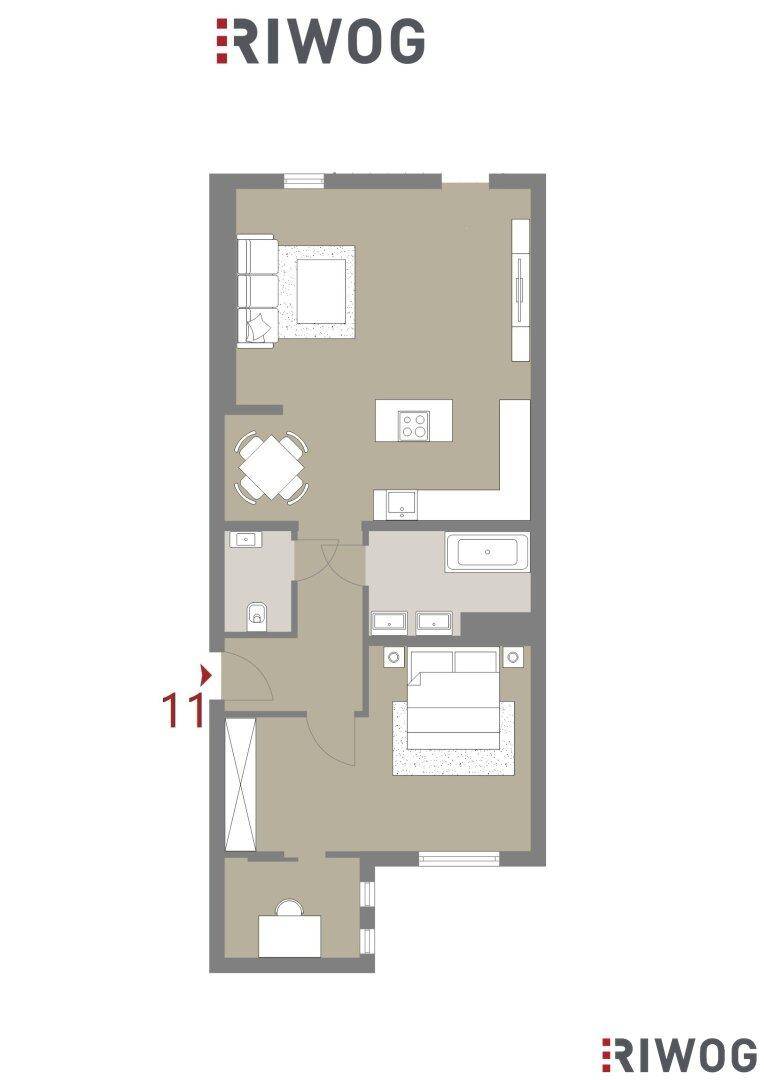 Grundriss einer Wohnung mit offenem Wohnbereich, Schlafzimmer und Badezimmer.