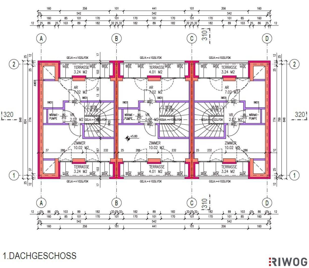 Grundriss des Dachgeschosses einer Reihenhausanlage mit Zimmern und Terrassen, inklusive Wärmepumpe.
