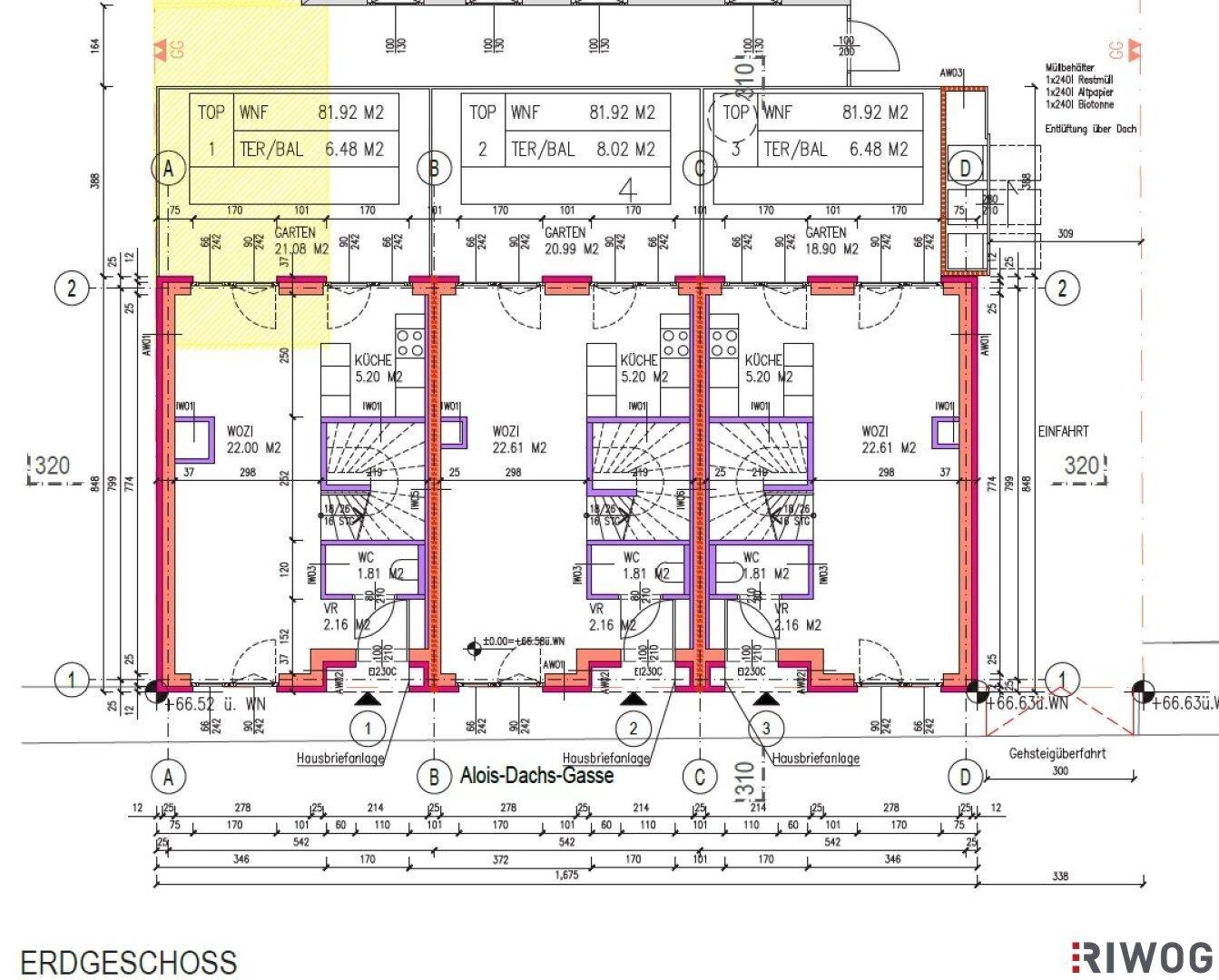 Grundriss des Erdgeschosses einer Reihenhausanlage mit Gärten, Terrassen, Küche und Bädern.