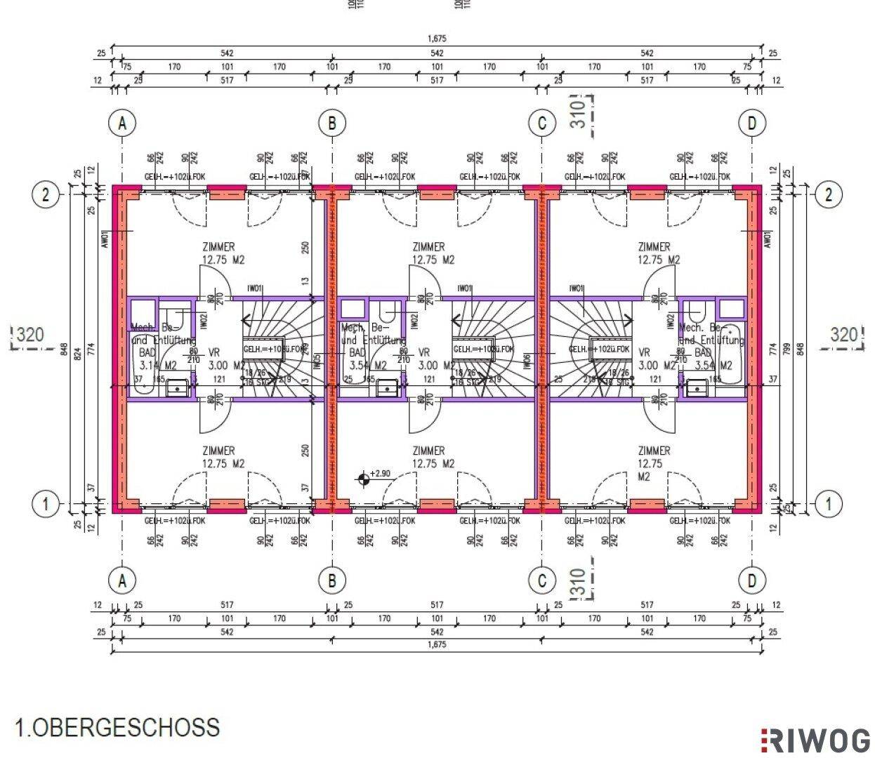 Grundriss des 1. Obergeschosses einer Reihenhausanlage mit Schlafzimmern und Bädern, inklusive Treppenhaus.