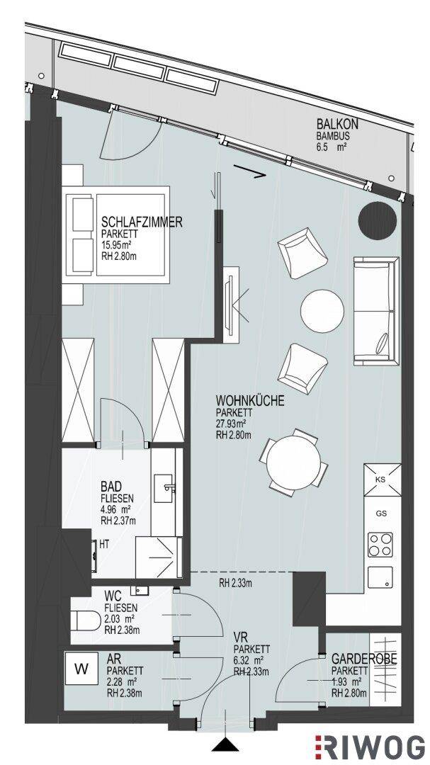 Grundriss einer Wohnung mit Schlafzimmer, Wohnküche, Bad, WC und Balkon.