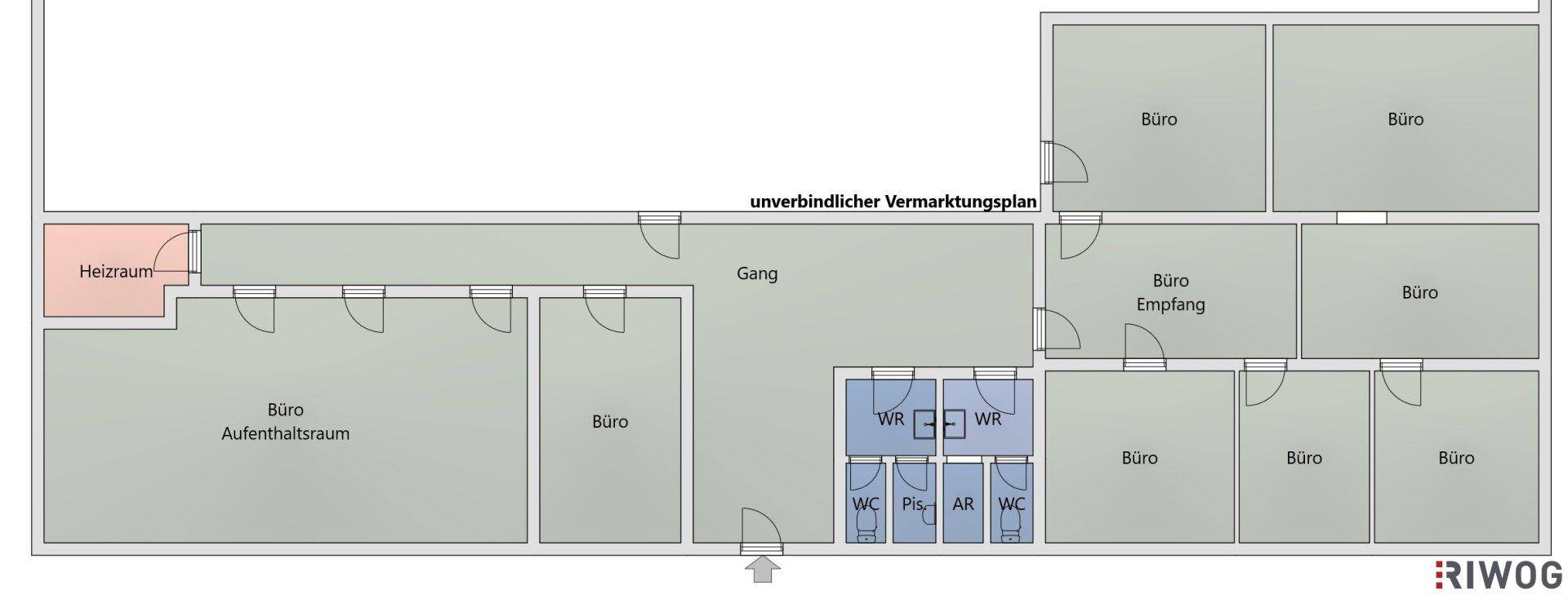 Unverbindlicher Vermarktungsplan zeigt Büroräume, Empfangsbereich, Gang und Sanitäranlagen.