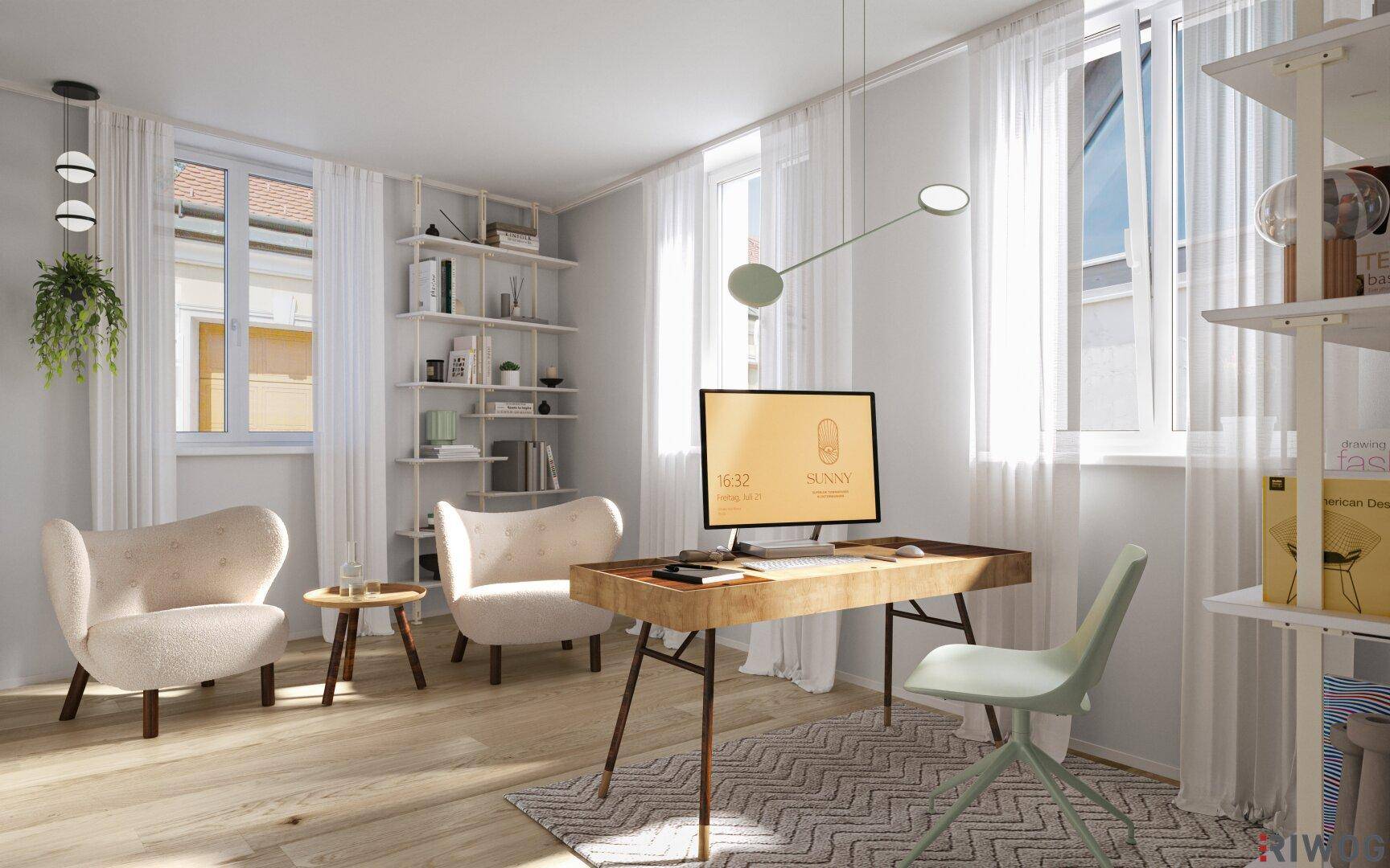 Helles Arbeitszimmer mit modernem Schreibtisch, Regalen und großen Fenstern.