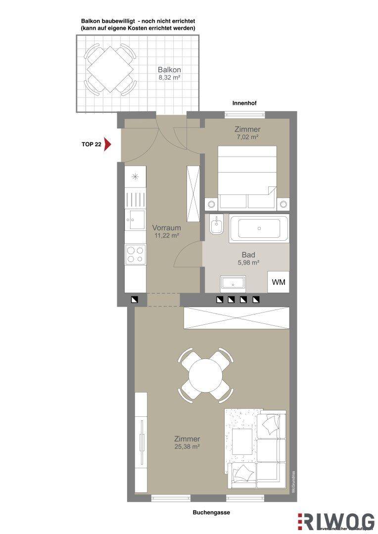Grundriss einer Wohnung mit einem Schlafzimmer, Wohnbereich, Bad und Balkon.