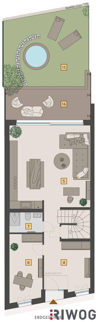 Grundriss des Erdgeschosses mit offenem Wohnbereich, Küche, Esszimmer und Gartenzugang.