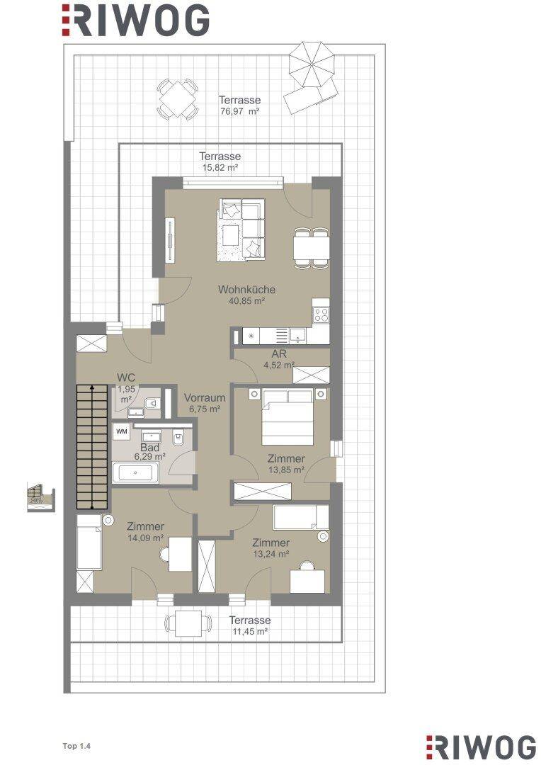 Detaillierter Grundriss einer Wohnung mit mehreren Zimmern, Terrassen und offener Wohnküche.