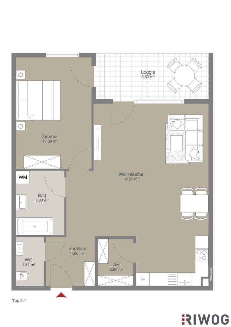 Grundriss einer Wohnung mit Wohnküche, Schlafzimmer, Bad und Loggia.