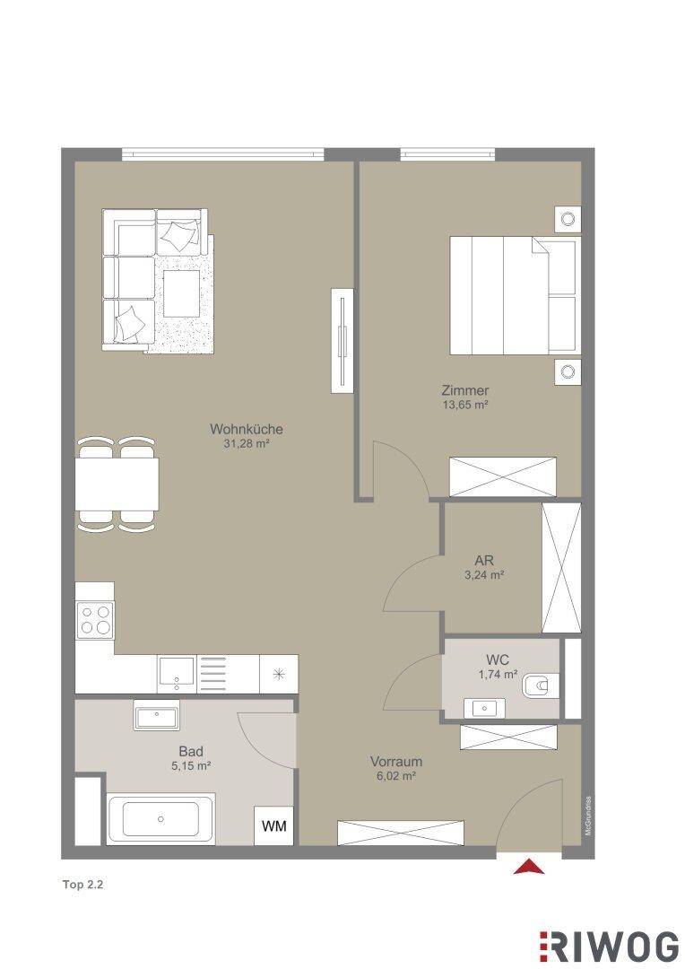 Grundriss einer Wohnung mit offener Wohnküche, Schlafzimmer, Bad und separatem WC.