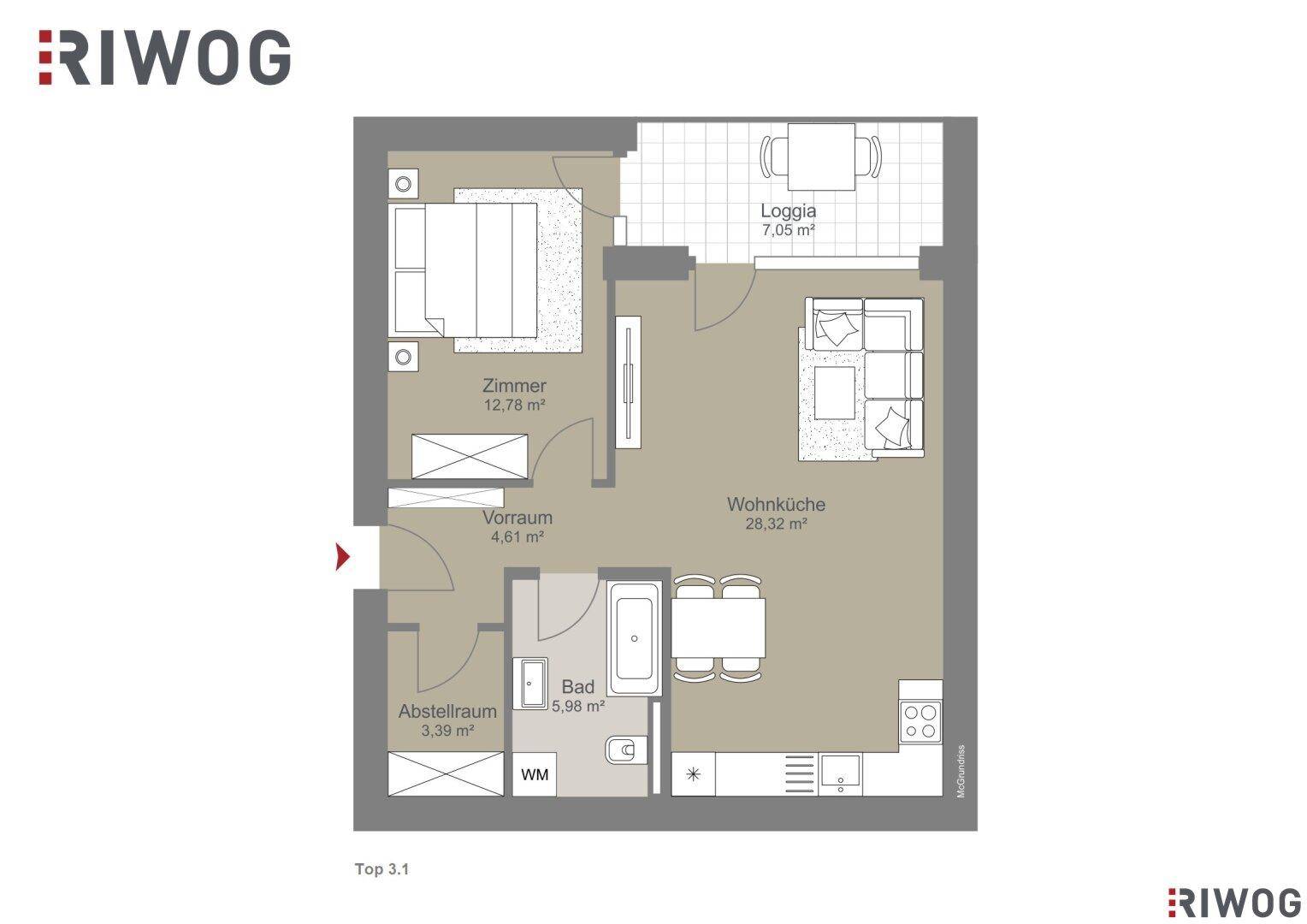 Grundriss der Wohnung Top 3.1 mit Wohnküche, Schlafzimmer, Bad und Loggia.